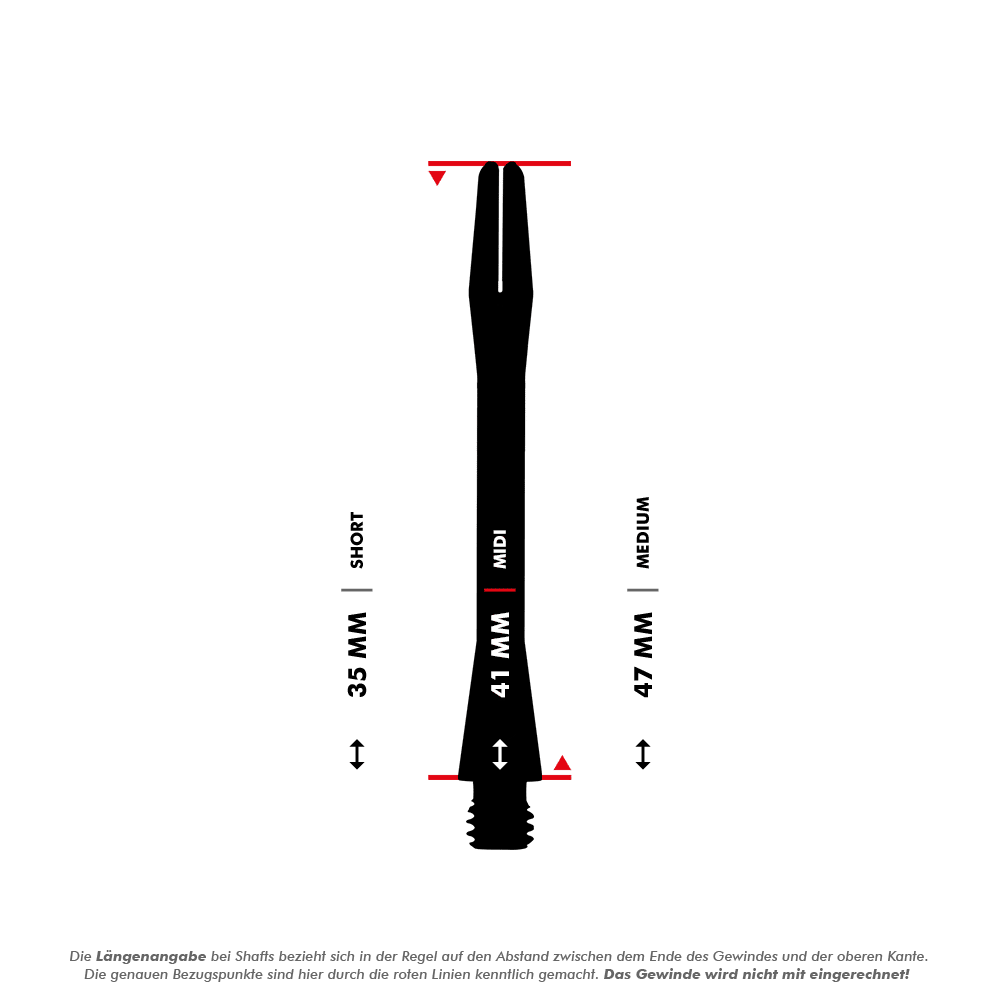 HR366_Harrows_Keramic_Shafts_5_41mmOYhHBPN1eLX23 Das Bild zeigt die Harrows Keramic Shafts in Weiß in drei verschiedenen Längen. Die Längen sind mit 35 mm (Short), 41 mm (Midi) und 47 mm (Medium) angegeben.