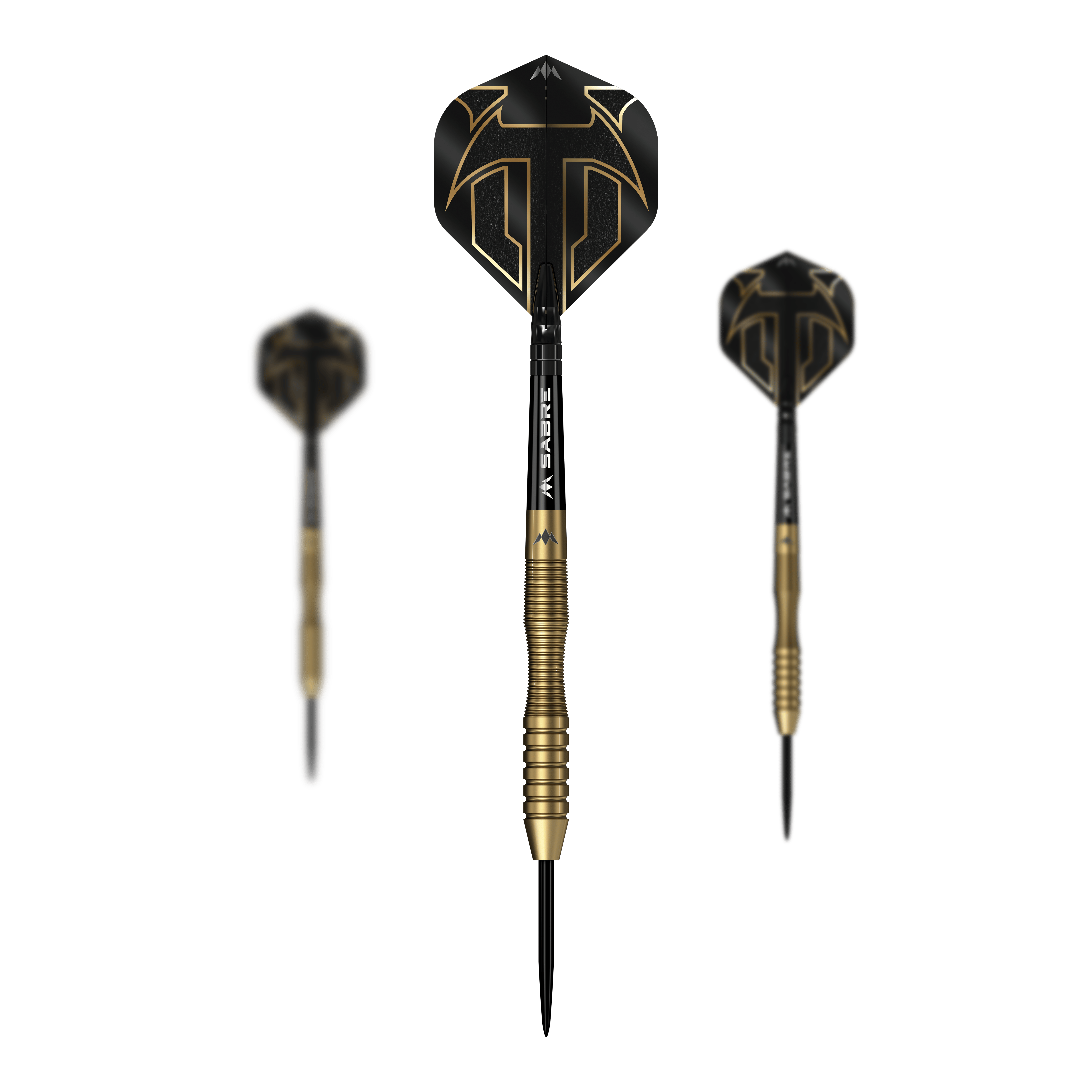 Mission Viktor Tingstrom Gold Steeldarts - 22g als Set dargestellt. Das Foto zeigt das komplette Set der Steeldarts.