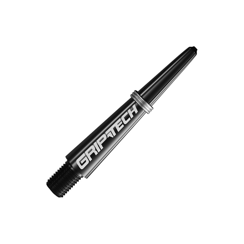 GOAT Griptech Shafts - Black Das Bild zeigt einen schwarzen Dart-Schaft mit der Aufschrift "GRIPTECH". Der Schaft wirkt robust und hat metallische Akzente.