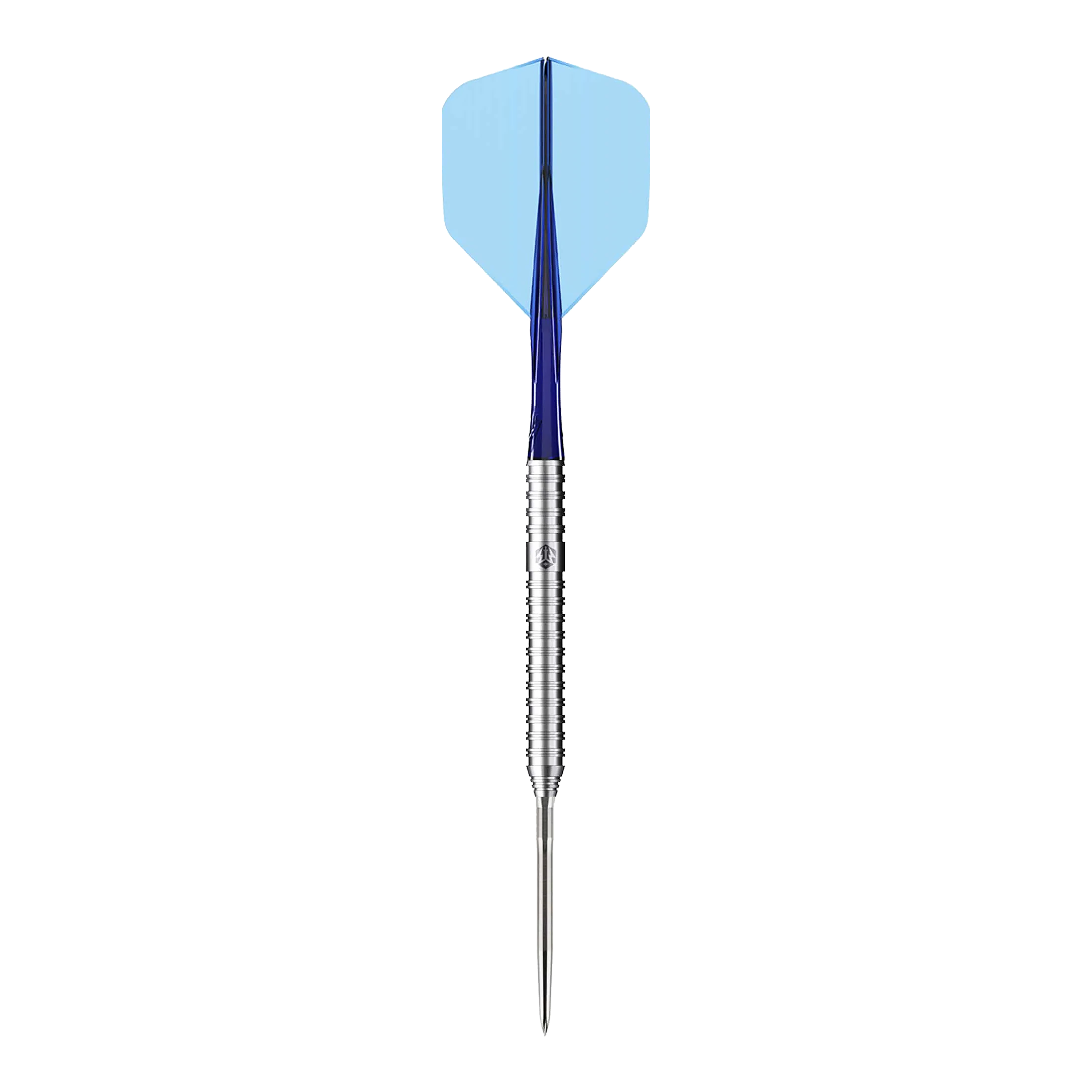 Das Bild zeigt einen Caliburn Forge F3 Steeldart mit einem Gewicht von 22 Gramm. Der Dart hat einen silbernen Schaft, einen blauen Flight und eine spitze Metallspitze.
