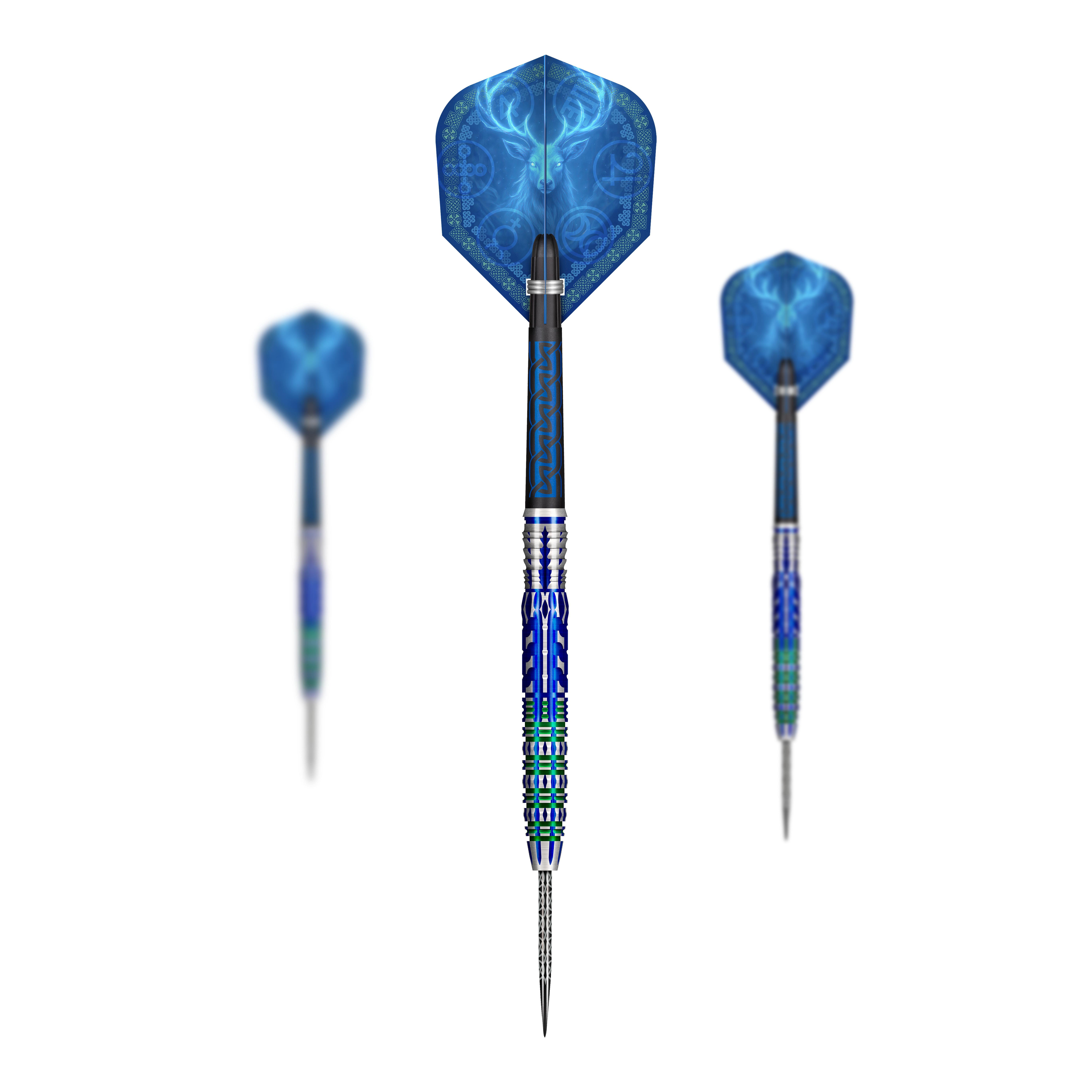 Abgebildet ist ein Set der Shot Celt Merlin Steeldarts. Diese Darts sind speziell für Präzision entworfen.