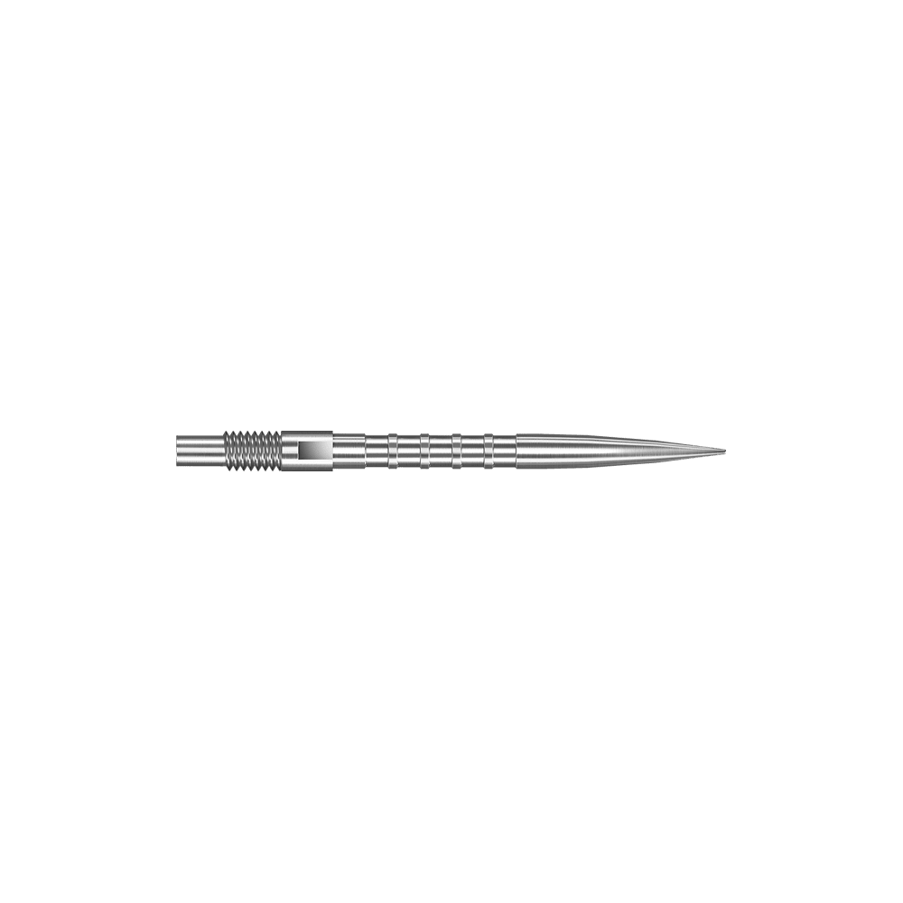 Das Bild zeigt Harrows Quick Point Heavy Metal Grip Dartspitzen in Silber mit einer Länge von 26mm. Die Aufnahme präsentiert das zweite Stück der Serie.