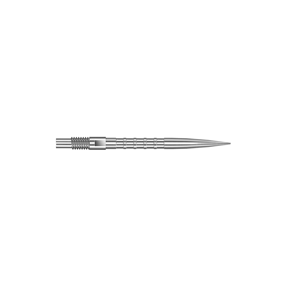 Harrows Quick Point Heavy Metal Dart Tips - Silver Das Bild zeigt Harrows Quick Point Heavy Metal Grip Dartspitzen in Silber mit einer Länge von 26mm. Die Aufnahme präsentiert das zweite Stück der Serie.