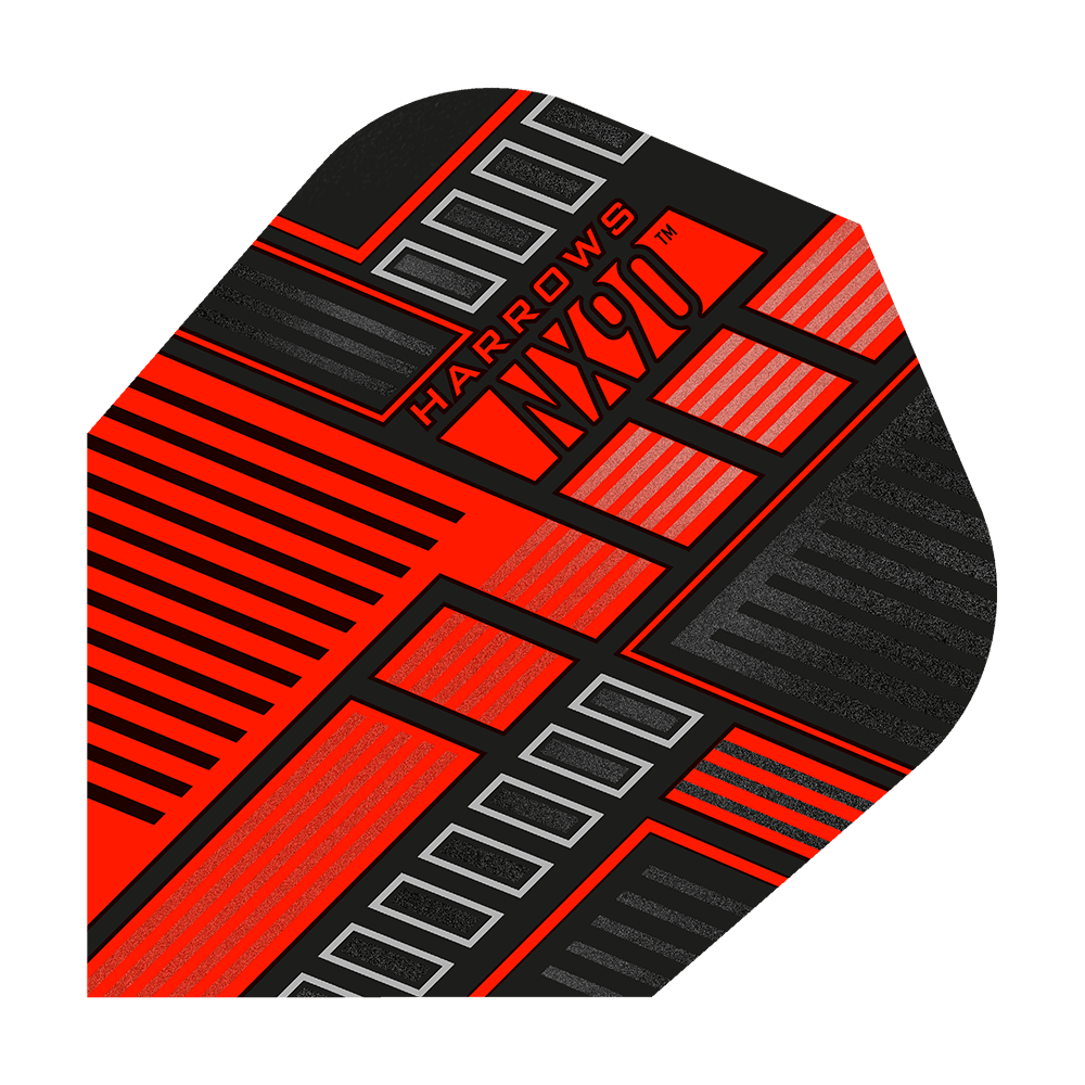 HR50_Harrows_Prime_NX90_Red_No6_Flights_1WTmEENJXMvftC Dies ist ein Harrows Prime NX90 Red Flight für Darts. Das Flight hat ein auffälliges, modernes Design in Rot und Schwarz mit Linien- und Rechteckmustern.