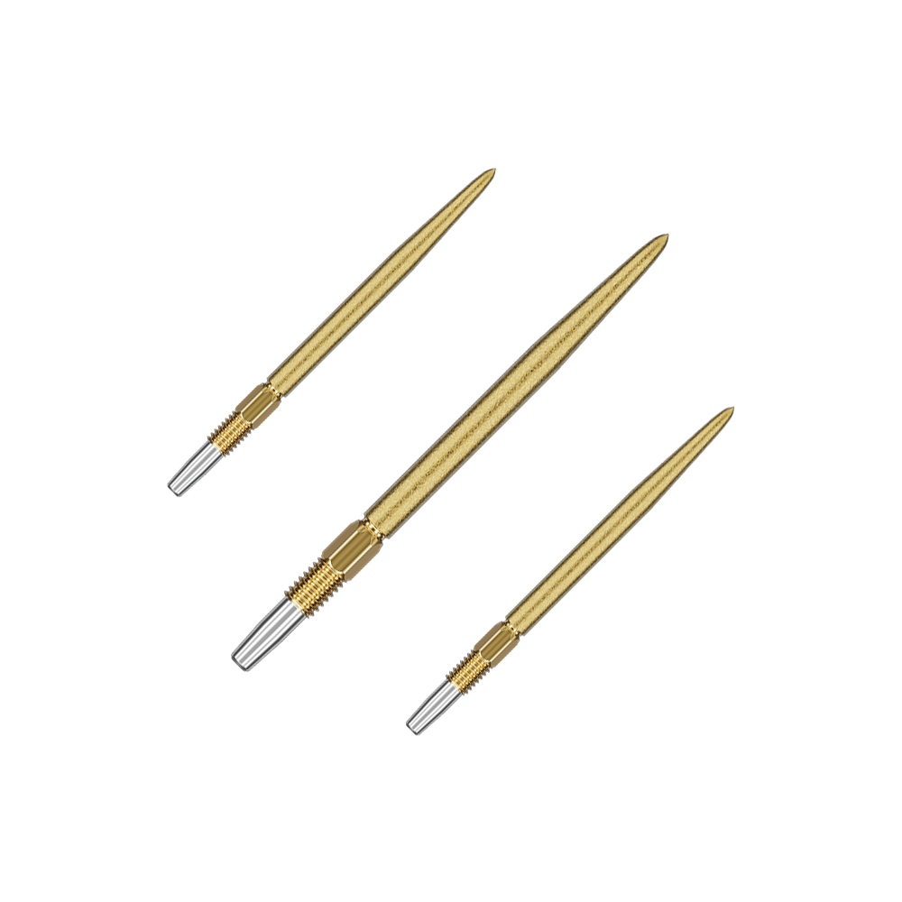 Das Bild zeigt drei goldfarbene Dartspitzen, die nebeneinander liegen. Die Spitzen haben ein schlankes, glänzendes Design mit silbernen Enden.