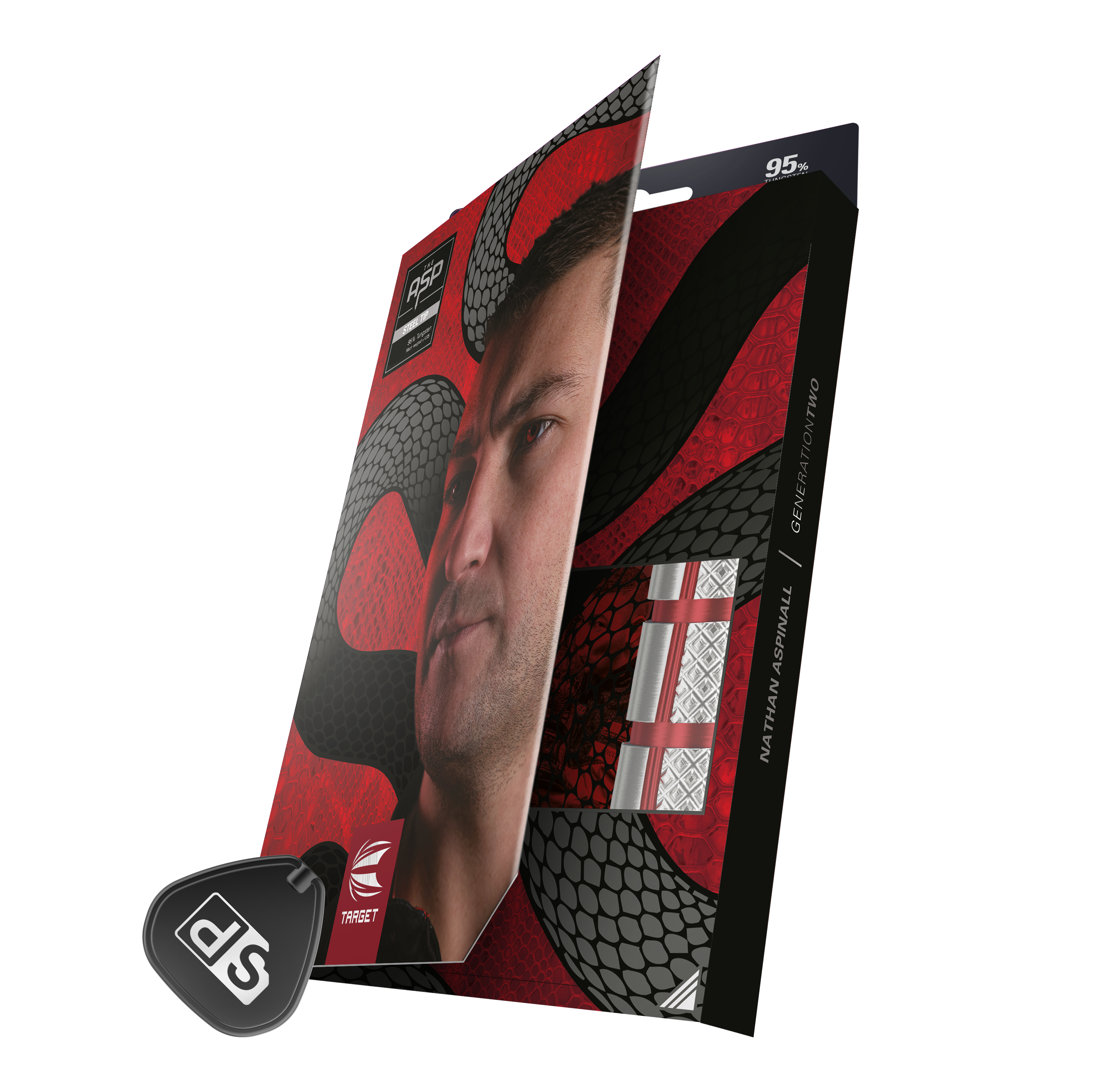 Target Nathan Aspinall GEN2 Swiss Point steel darts Auf der Verpackung sind Target Steeldarts mit einem auffälligen roten und schwarzen Design zu sehen. Die Packung zeigt auch ein Porträt eines Mannes und den Namen "Nathan Aspinall".
