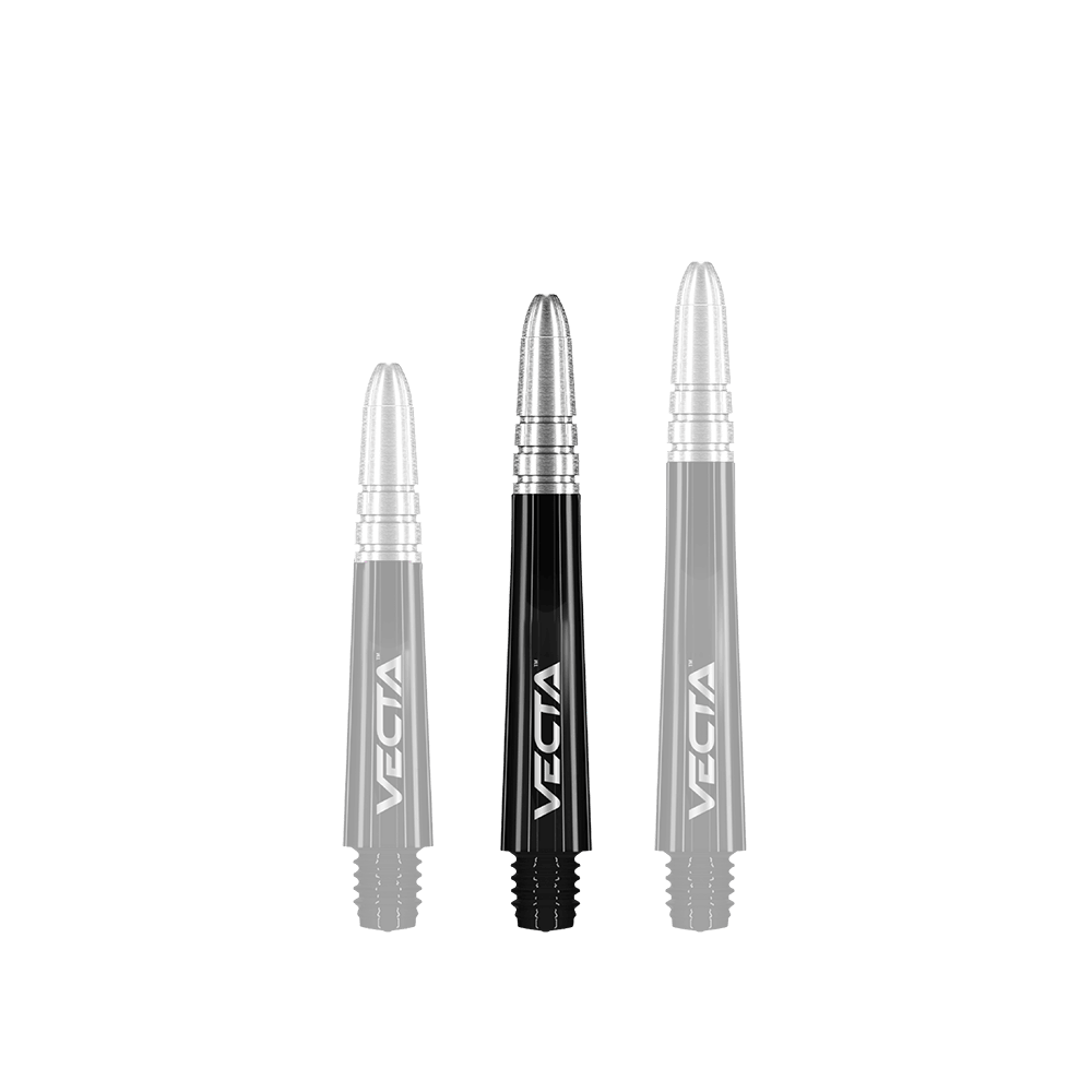 Winmau Vecta Shafts - Schwarz Silber Das Bild zeigt drei schwarze und silberne Dartschäfte der Marke Vecta. Sie stehen nebeneinander in unterschiedlichen Längen.