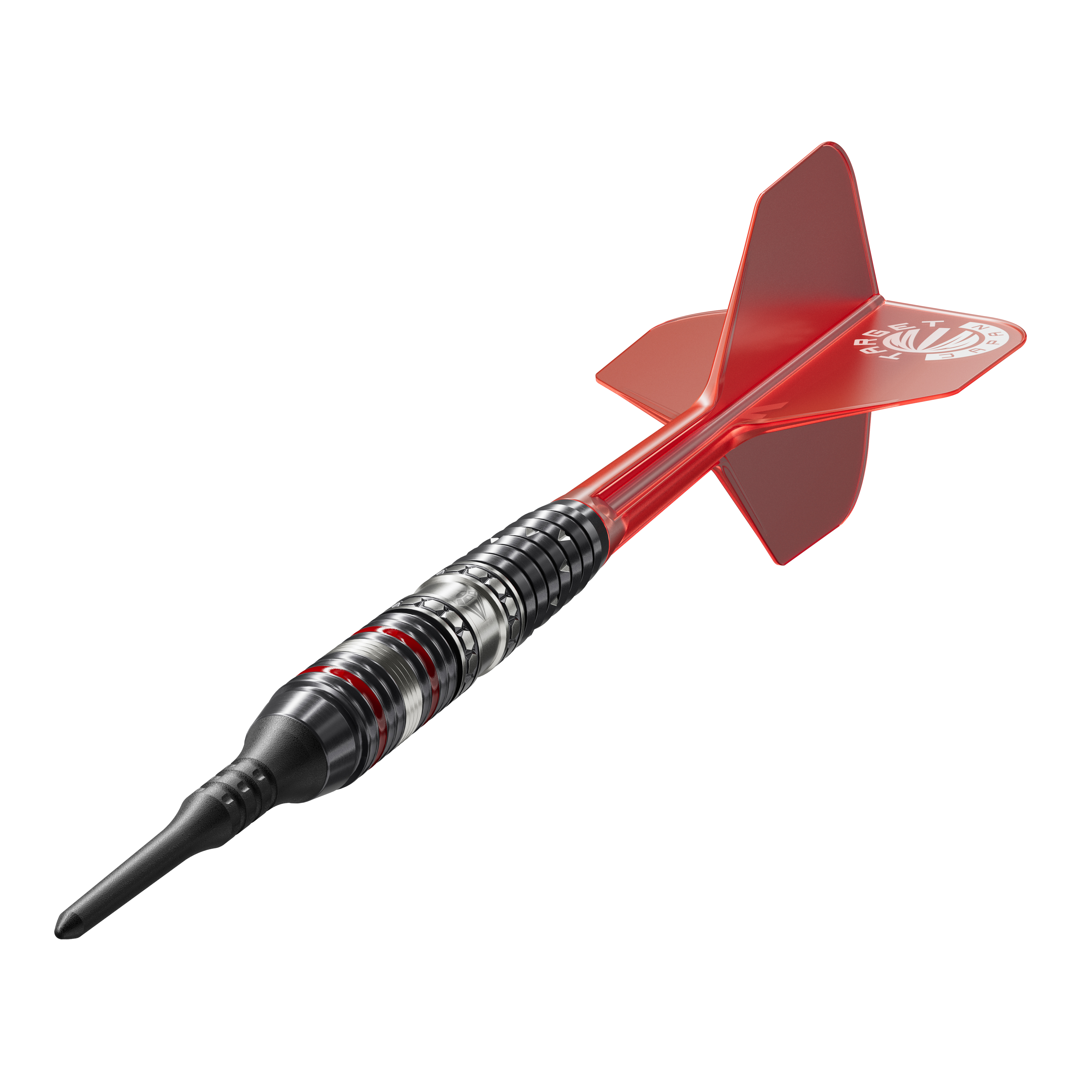 Target Japan Prime Series Diamond GEN3 Soft Darts - 18g Das Bild zeigt einen Softdart der Serie "Target Japan Prime Series Diamond GEN3" mit einem Gewicht von 18g. Der Dart ist schwarz-silbern mit roten Akzenten und hat eine rote Flights.