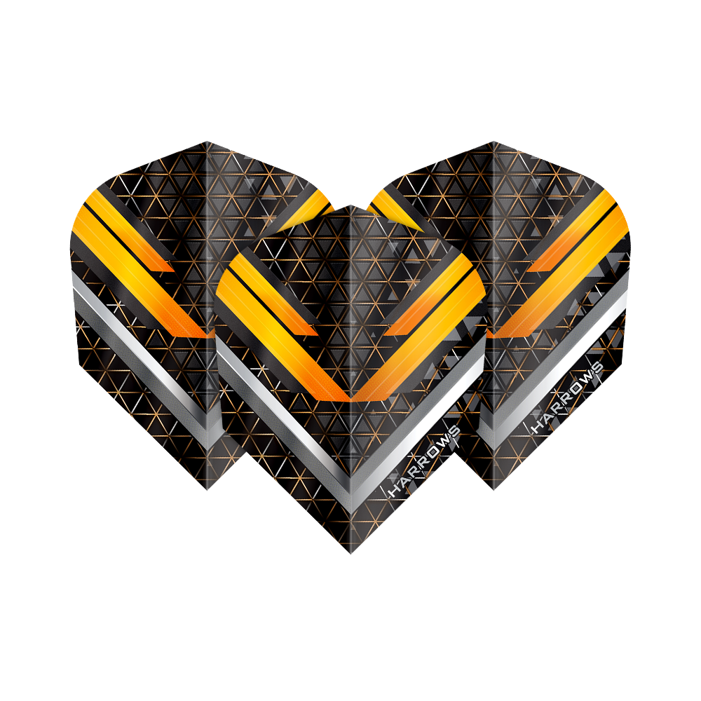 Harrows Vulcan No. 6 Flights Harrows Vulcan No6 Flights sind moderne Dartflights mit auffälligem Design. Die Abbildung stellt ein Set dieser Flights dar.