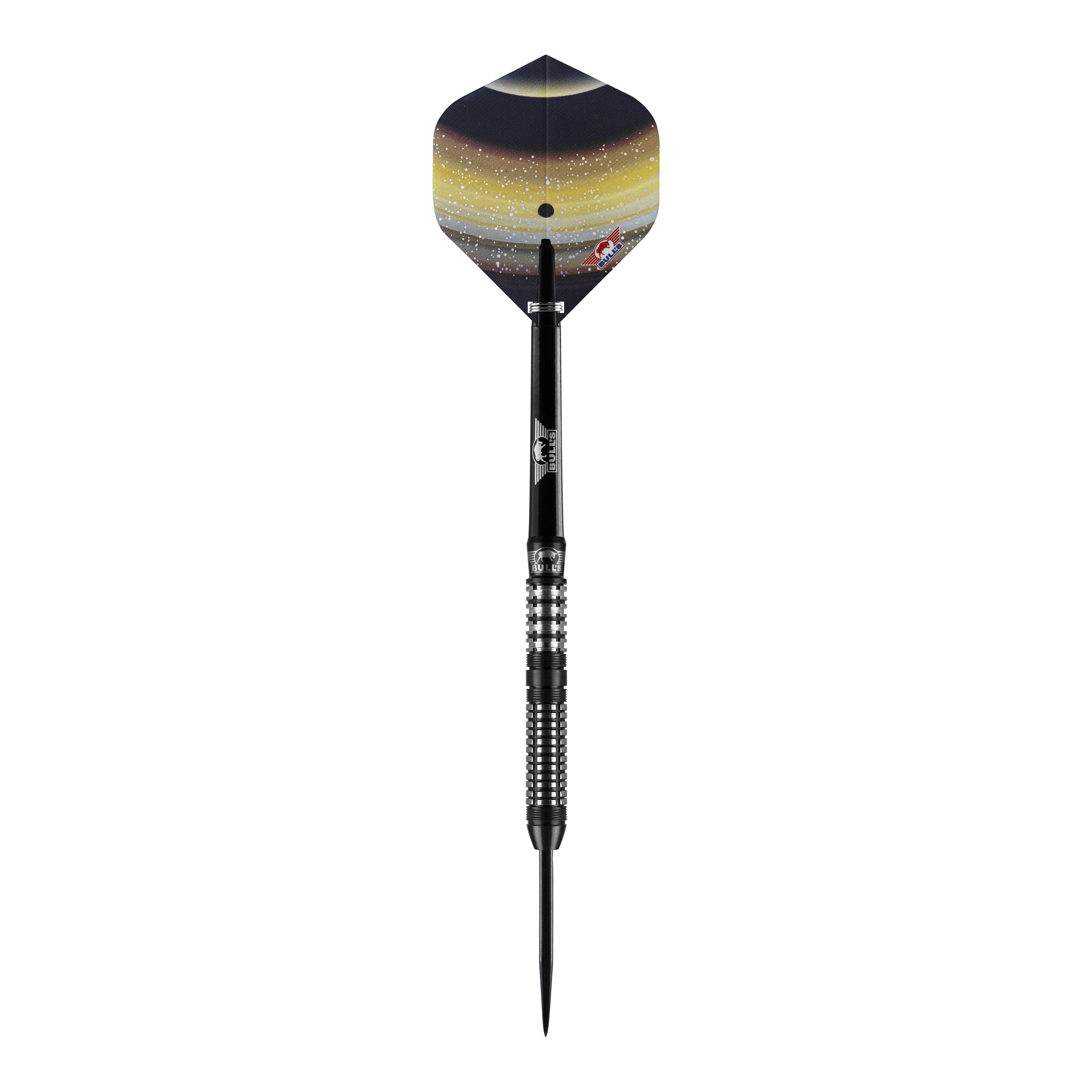 Bulls NL Luna Neoma steel darts Das Bild zeigt einen Bulls NL Luna Neoma Steeldart. Der Dart hat einen schwarz-silbernen Schaft und eine Flügel mit gelb-schwarzem Weltraumdesign.