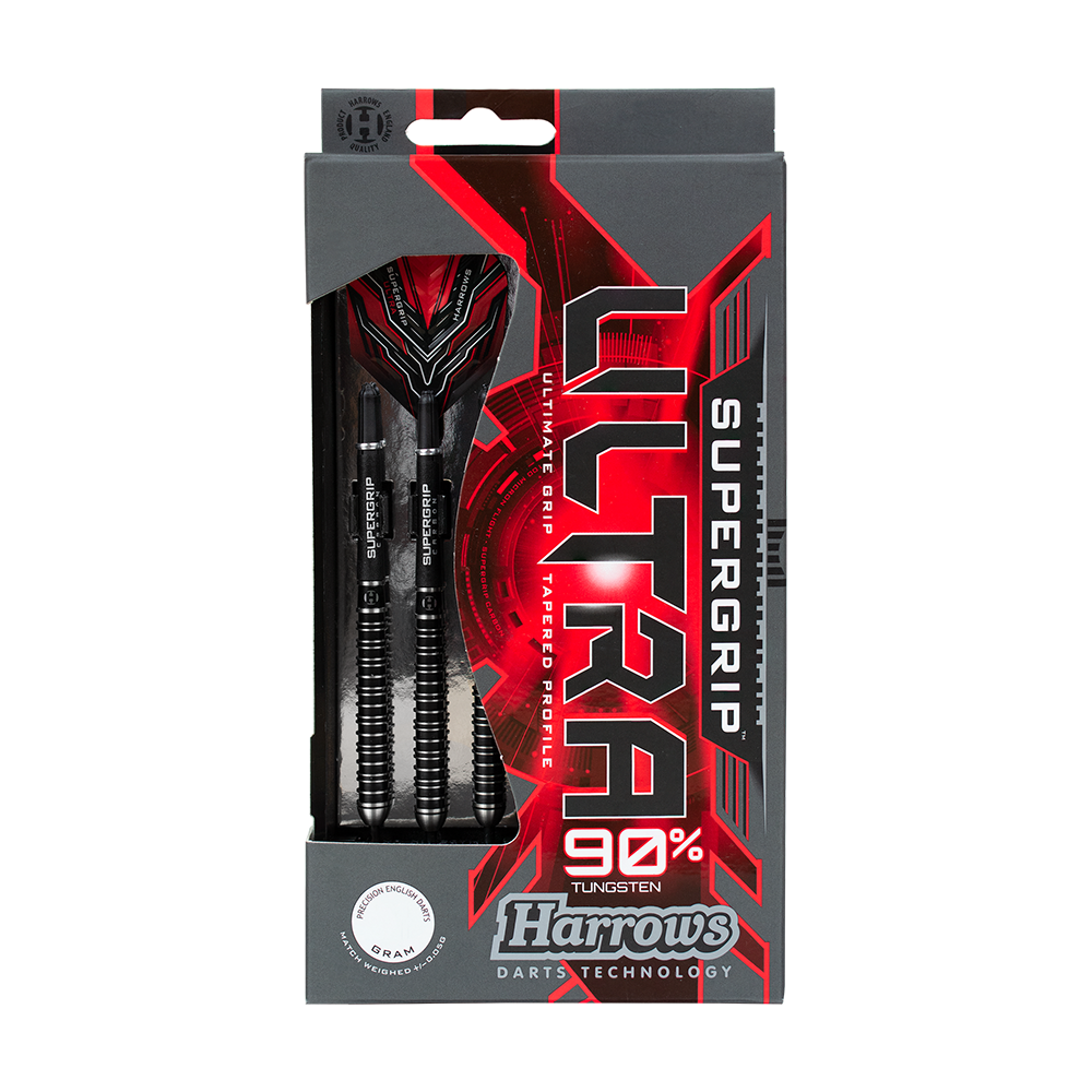 HA25176_Harrows_Supergrip_Ultra_Steeldarts_3_-4_Harrows_Plastikbox Die Abbildung zeigt eine Packung Harrows Supergrip Ultra Steeldarts. Die Verpackung ist schwarz-rot gestaltet und hebt die 90% Tungsten-Darts hervor.