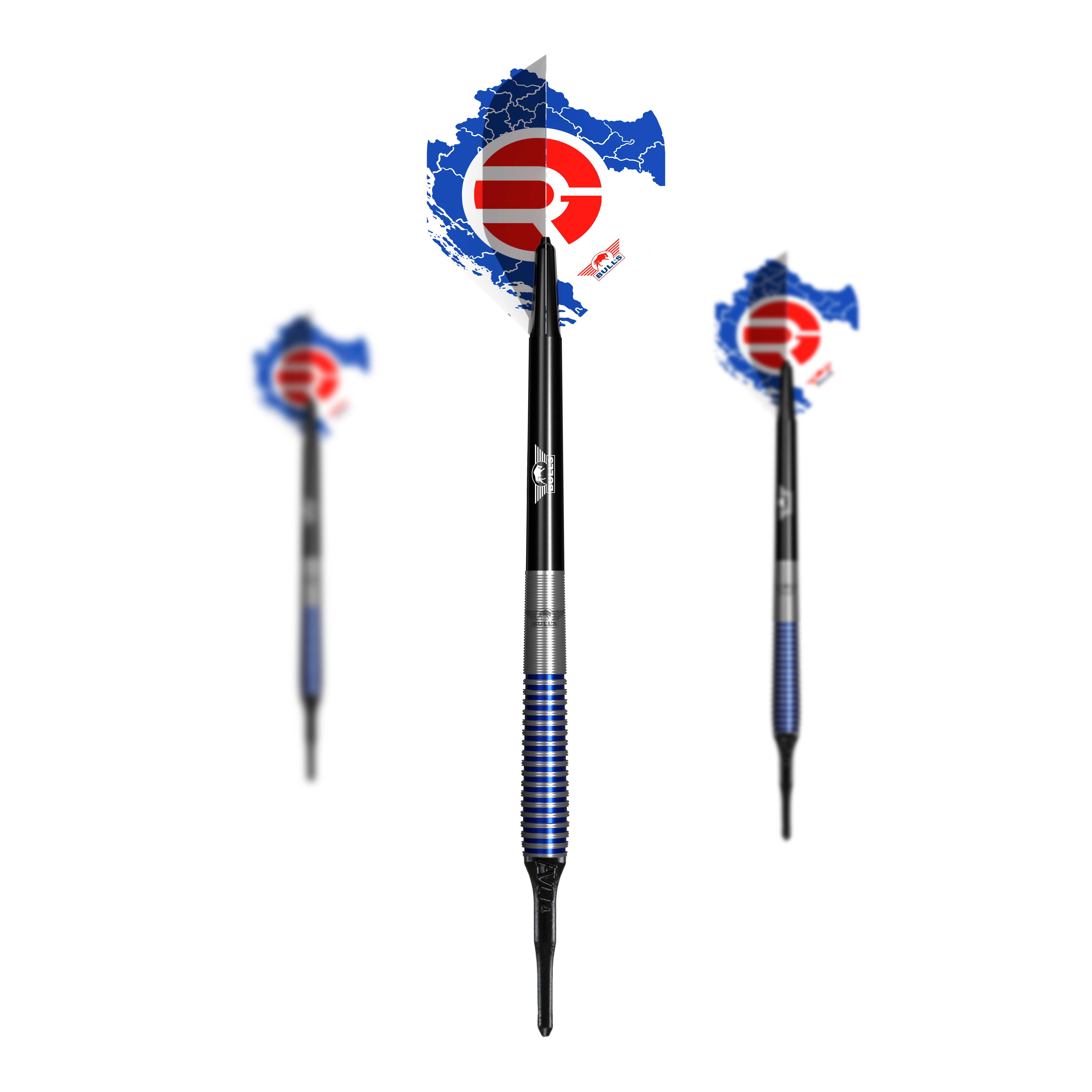 Bulls NL Romeo Grbavac soft darts - 19g Das Bild zeigt drei Softdarts des Modells "Bulls NL Romeo Grbavac 19g". Die Darts haben blaue und silberne Griffe sowie Flights mit einem blau-weißen Muster und rotem Logo.
