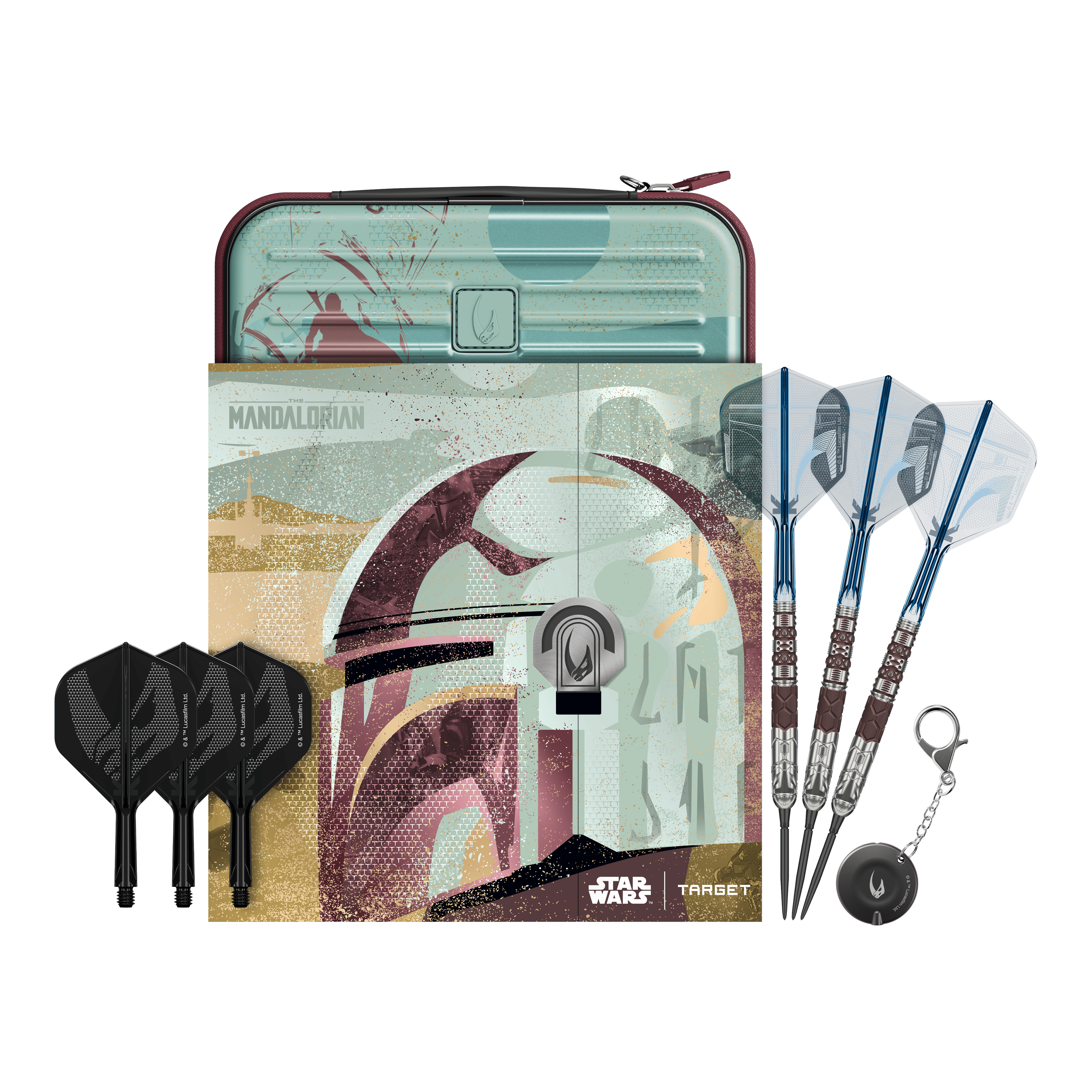 Target Star Wars Mandalorian 95 Swiss Point Steel Darts Abgebildet sind Target Star Wars Mandalorian 95 Swiss Point Steeldarts. Diese Darts haben ein einzigartiges Mandalorian-Design.