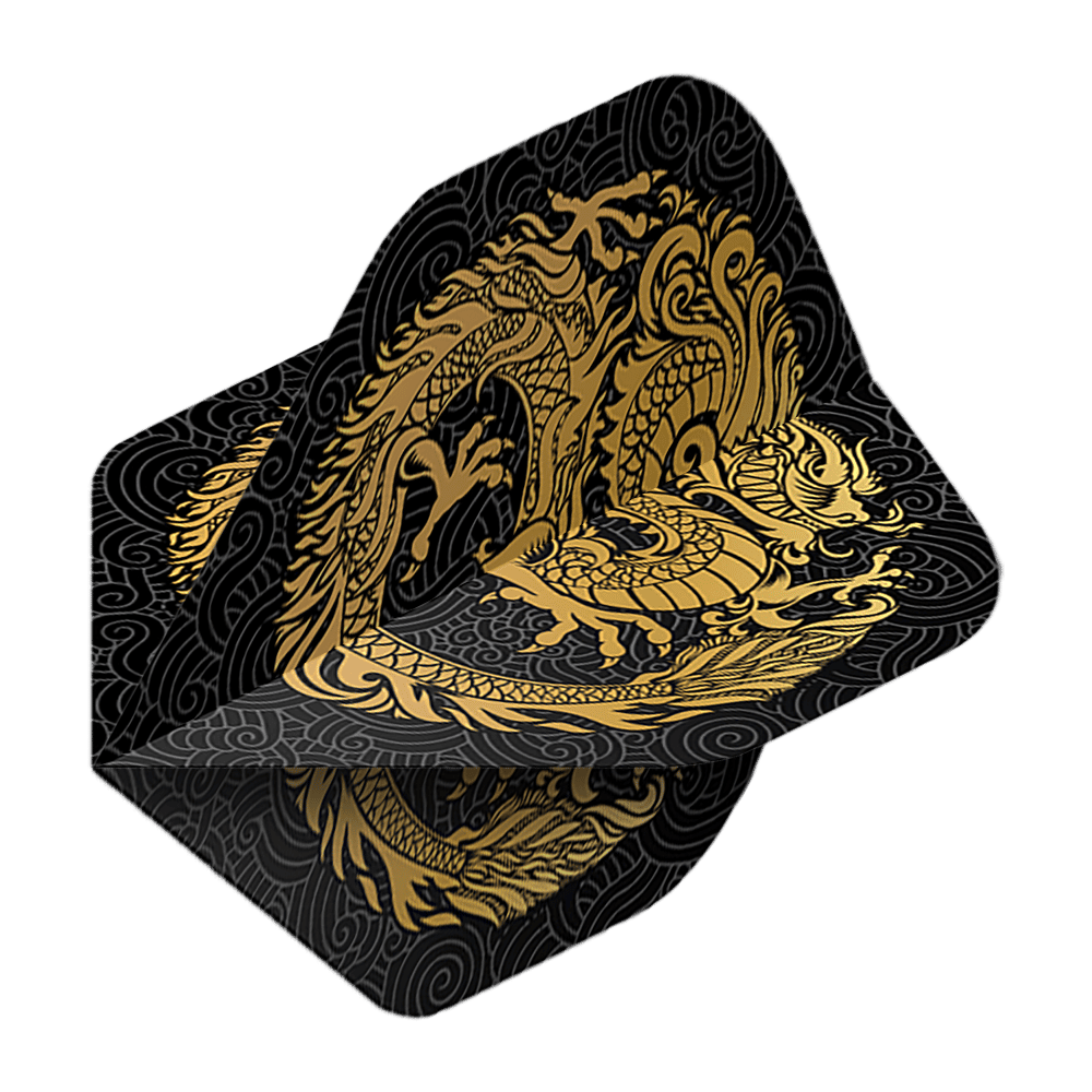 Pentathlon Flights Dragon black Auf dem Bild ist ein Pentathlon Dragon 2 Standard Flight zu sehen. Das Flight ist schwarz und mit einem goldenen Drachen verziert.