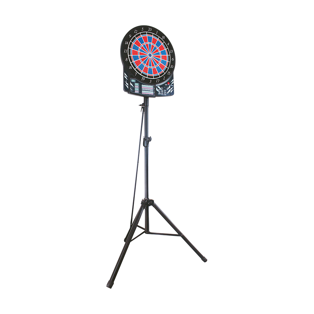 67909_Bulls_Vibex_H_Dartboard_St-nder_1 Das Bild zeigt den Bulls Vibex H Dartboard Ständer mit einem elektronischen Dartboard darauf. Der Ständer steht auf drei stabilen Beinen und kann in der Höhe verstellt werden.