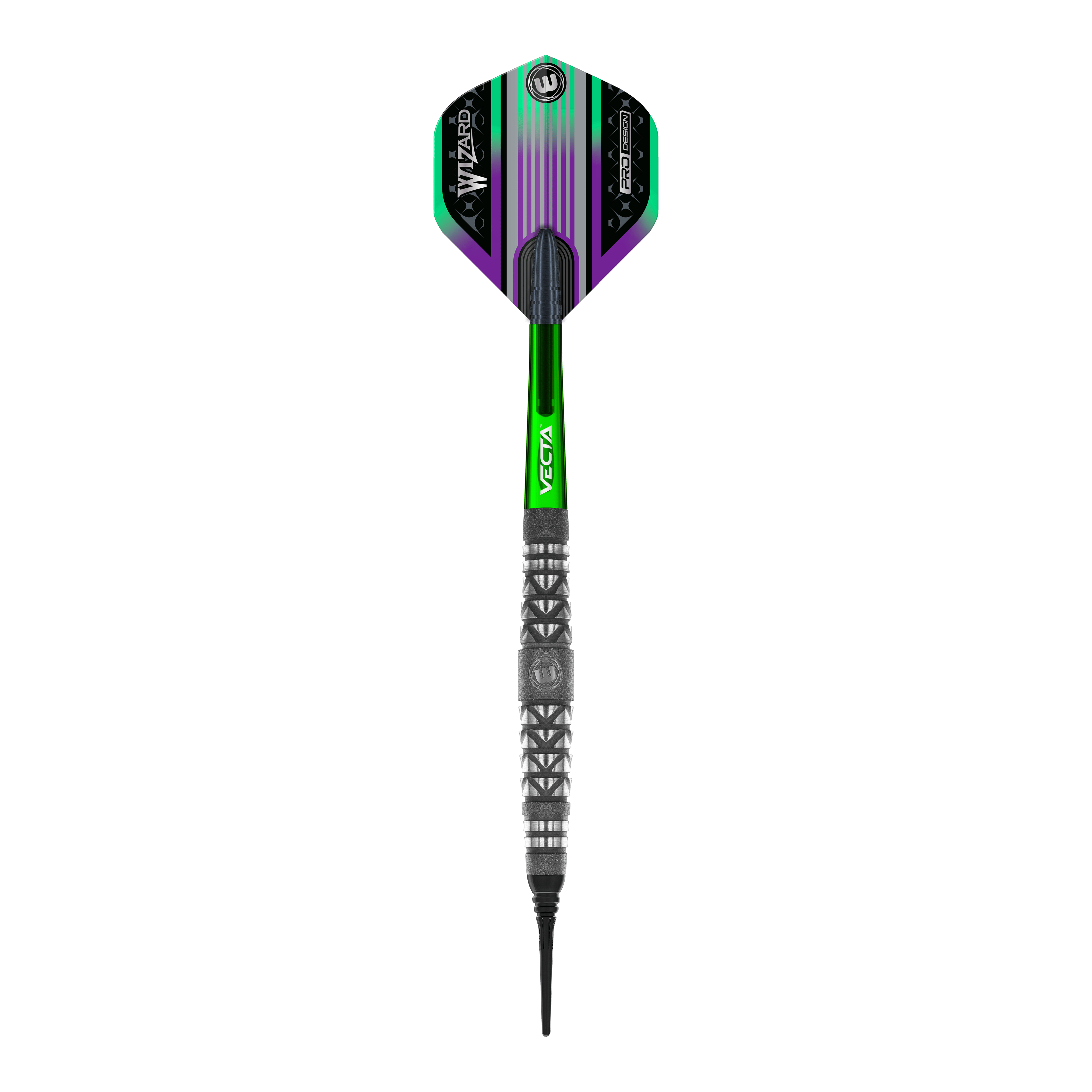 Winmau Simon Whitlock Atomized Grip Soft Darts Das Bild zeigt den Winmau Simon Whitlock Atomised Grip Softdart. Der Dartpfeil hat grüne und schwarze Akzente sowie eine strukturierte Griffzone.