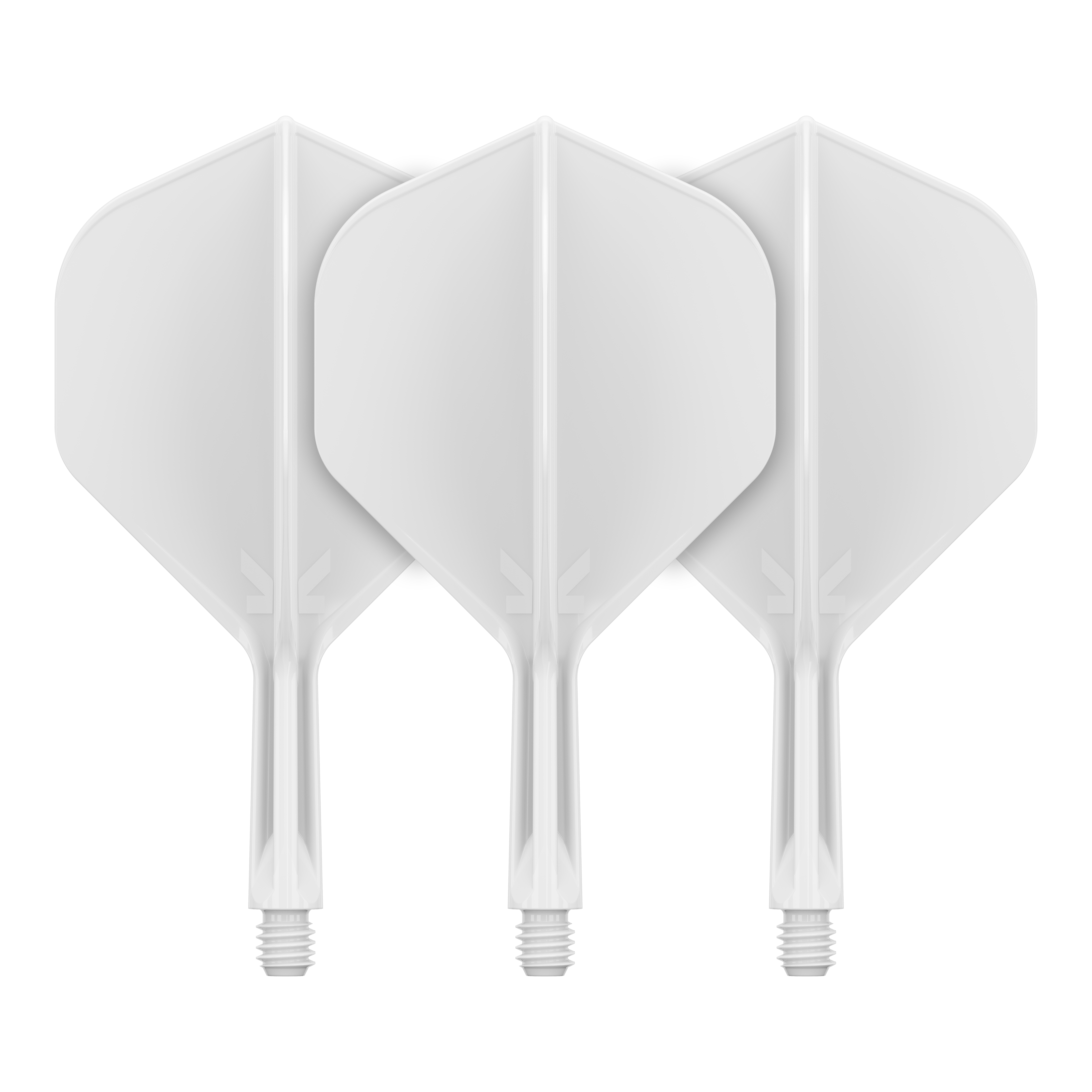 Target K-Flex No2 Standard Flight System - White Auf dem Bild sind drei weiße Dartflights mit integrierten Schäften zu sehen. Sie sind nebeneinander angeordnet und haben eine standardmäßige, breite Form.