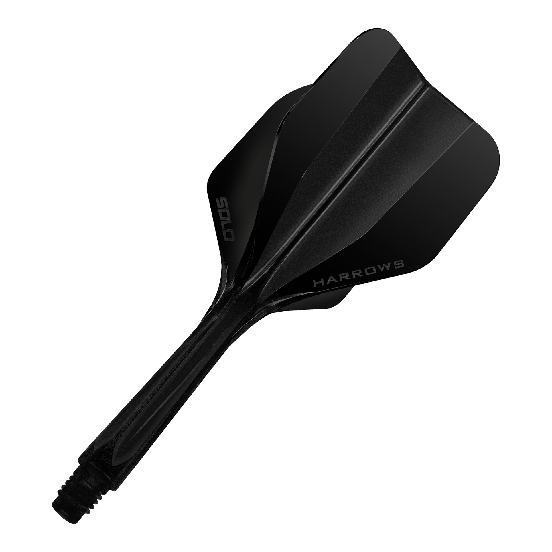 Dies ist das Harrows Solo No6 Flight-Shaft-System in Schwarz. Das Bild zeigt das Produkt in einer Nahaufnahme.