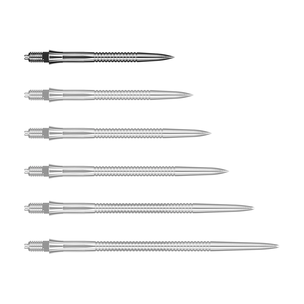 Caliburn EZ-EVO dart tips - Grooved - Silver Das Bild zeigt eine silberne Dartspitze mit Rillen. Die Dartspitze ist 28 mm lang.
