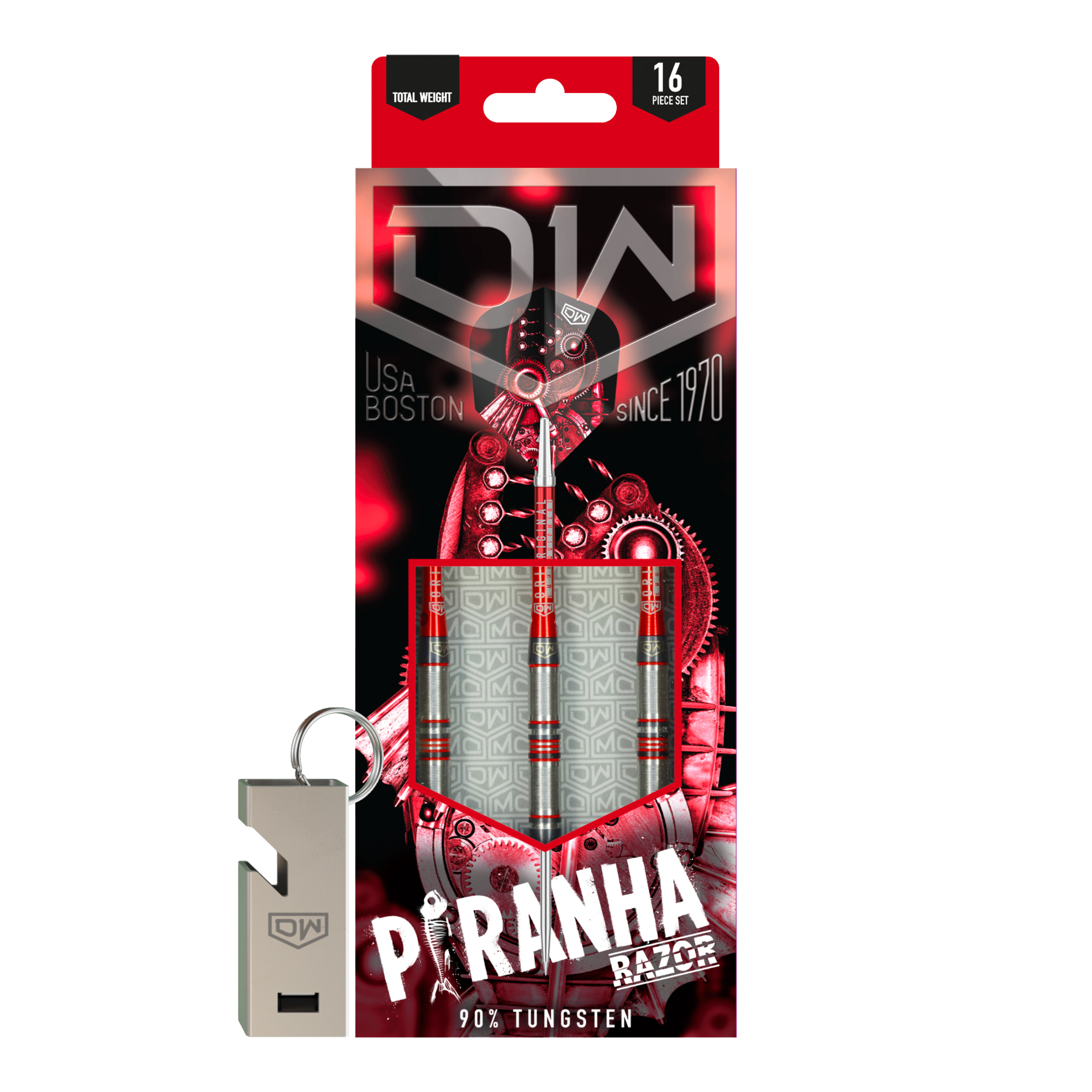 DW Piranha Razor 01 steel darts Das Bild zeigt die Verpackung der "DW Piranha Razor 01 Steeldarts". In der Packung sind drei Darts aus 90% Tungsten und ein silberner Schlüsselanhänger enthalten.