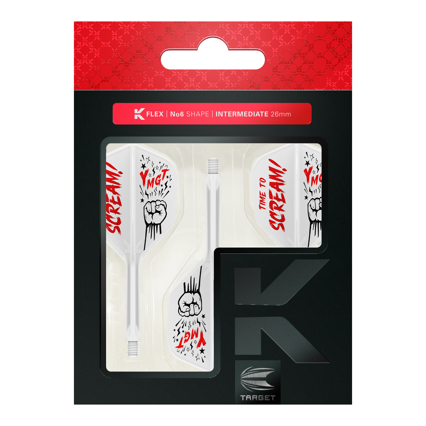 Target Japan K-Flex Scream No6 Flight Shaft System Das Bild zeigt das Produkt „Target Japan K-Flex Scream No6 Flight-Shaft-System“ in seiner Verpackung. Die Flights sind weiß mit roten und schwarzen Grafiken und dem Schriftzug „TIME TO SCREAM!“.