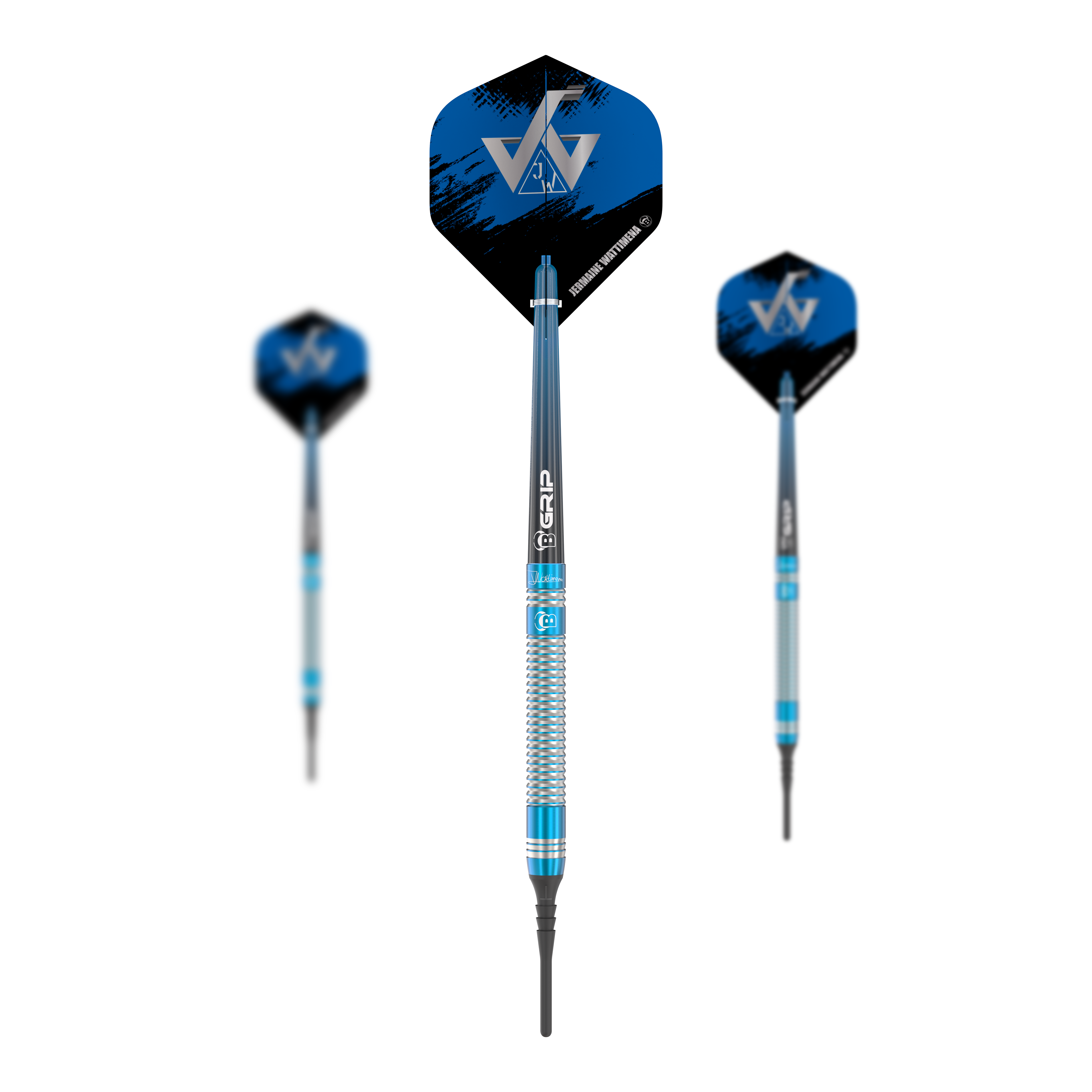 Bulls Jermaine Wattimena Generation 3 Soft Darts - 20g Das Bild zeigt die Bulls Jermaine Wattimena Generation 3 Softdarts mit einem Gewicht von 20g. Die Darts haben ein blau-silbernes Design mit schwarzen und blauen Flights.
