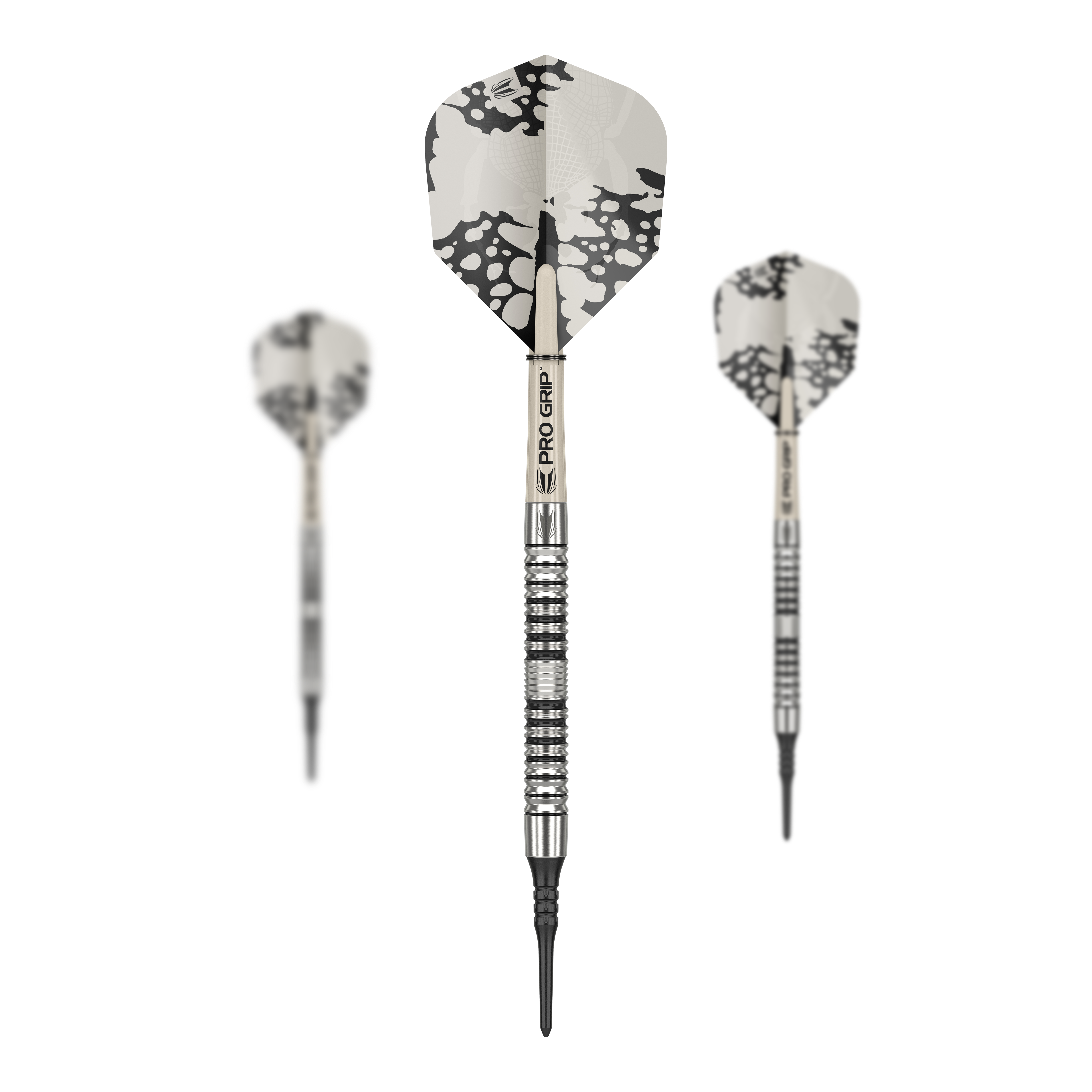 Target EXO 10 Soft Darts Das Bild zeigt drei Target EXO 10 Softdarts mit silbernen Schäften und schwarz-weißen Flights. Die Darts haben eine strukturierte Griffzone und sind für Präzision im Spiel ausgelegt.