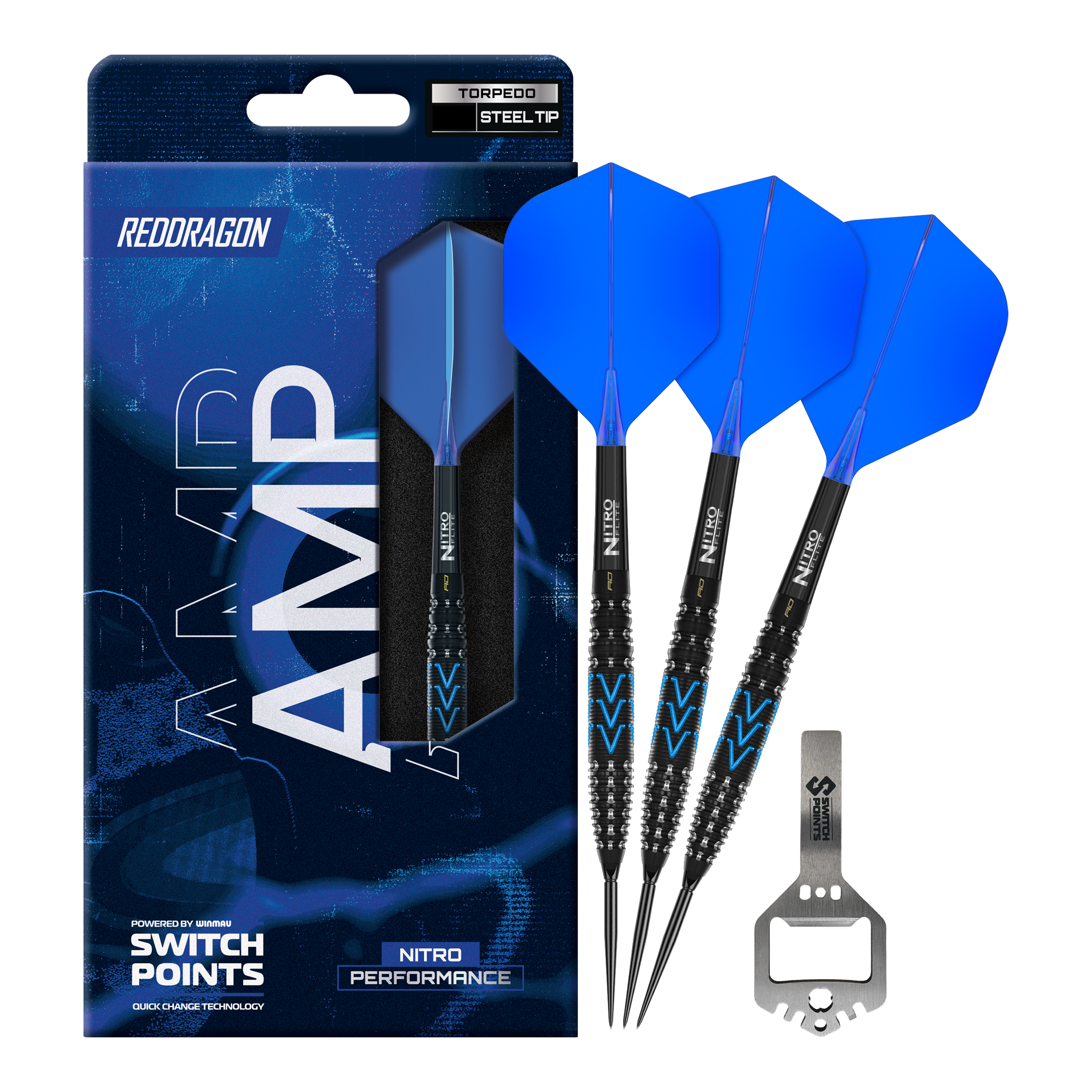 Auf dem Foto sind die Red Dragon AMP Torpedo Switch Point Steeldarts vollständig abgebildet. Diese Steeldarts sind ideal für Dartspieler und bieten hohe Qualität.