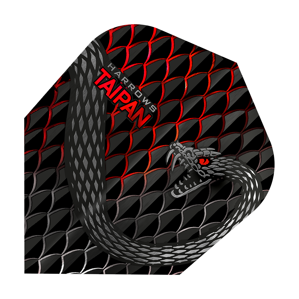HR27_Harrows_Taipan_Rot_Standard_Flights_1 Das Bild zeigt das Produkt "Harrows Taipan Standard Flights" mit einem auffälligen Schlangendesign. Die Oberfläche ist mit schwarzen und roten Schuppenmustern sowie einer gezeichneten Schlange verziert.