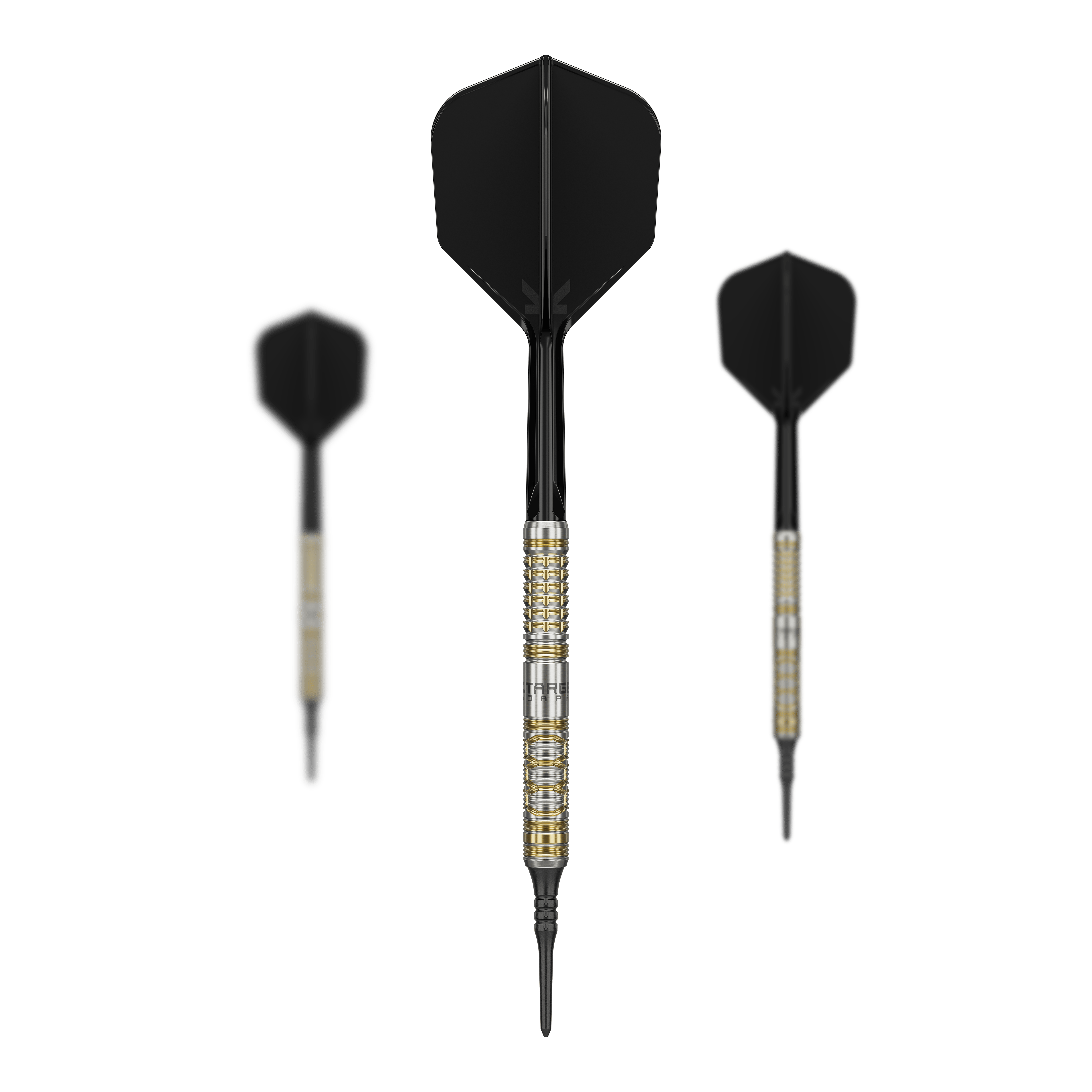 Target Japan Black Marque Reyn GEN2 Soft Darts - 17.5g Das Bild zeigt drei Softdarts des Modells "Target Japan Black Marque Reyn GEN2" mit einem Gewicht von 17,5g. Die Darts haben schwarze Flights und einen metallisch gold-silbernen Schaft.