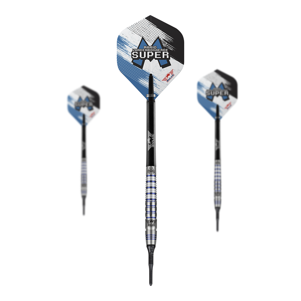 Bulls NL Mario Vandenbogaerde 90% soft darts - 20g Auf dem Bild sind drei Softdarts des Modells "Bulls NL Mario Vandenbogaerde 90% Softdarts - 20g" zu sehen. Die Darts haben silberne und blaue Akzente mit dem Namen des Spielers auf den Flights.