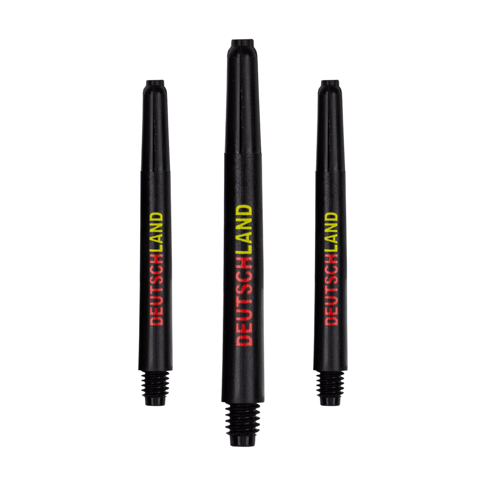 792_Nylon_Shafts_Deutschland_48mm_1 Das Bild zeigt drei schwarze Nylon-Schäfte mit der Aufschrift "DEUTSCHLAND" in den Farben Gelb und Rot. Die Schäfte sind in verschiedenen Längen dargestellt.