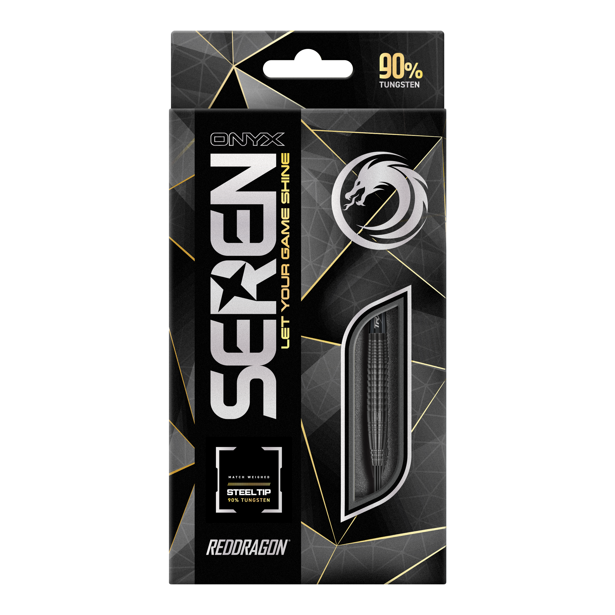 Red Dragon Seren 4 Onyx Steeldarts Das Bild zeigt die Verpackung der "Red Dragon Seren 4 Onyx Steeldarts". Auf der Verpackung steht, dass die Darts aus 90% Tungsten bestehen.