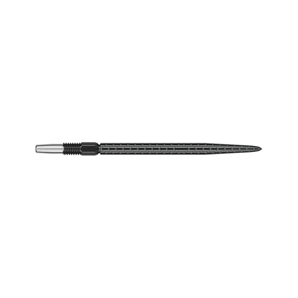 Target Swiss Point RVE dart tips - Black Das Bild zeigt eine schwarze Dartspitze mit einem geriffelten Muster. Die Spitze ist schlank und hat ein silbernes Gewinde am hinteren Ende.