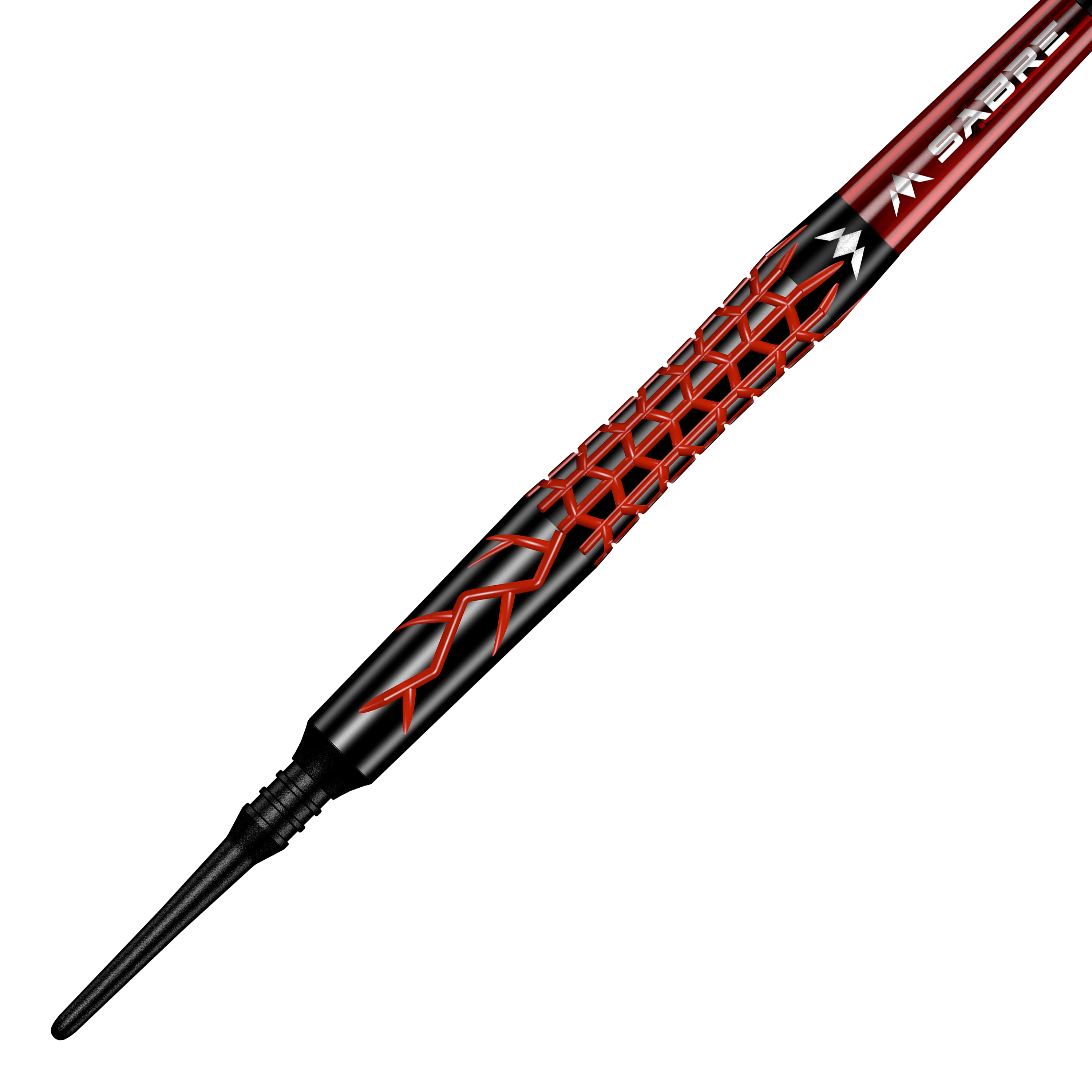 Mission Lava Softdarts - 20g Das Bild zeigt den Mission Lava Softdart mit einem Gewicht von 20 Gramm. Der Dartpfeil hat ein auffälliges schwarzes und rotes Design mit geometrischem Muster auf dem Griff.