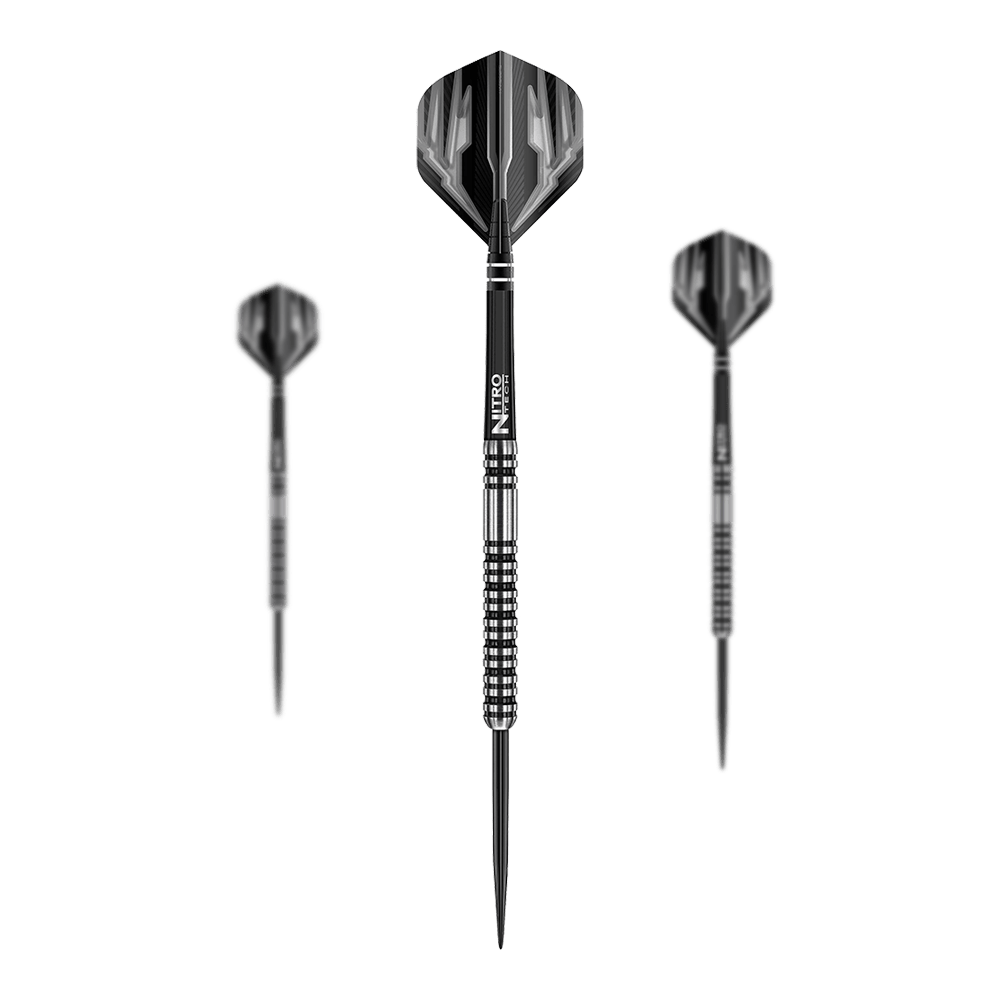 Red Dragon Dragonfly 3 steel darts Das Bild zeigt drei Steeldarts des Modells "Red Dragon Dragonfly 3". Die Darts haben ein schwarz-silbernes Design mit strukturiertem Griff.