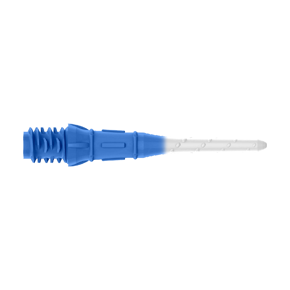 L-Style Premium Two Tone Lippoints (Pack of 30) Das Bild zeigt eine Dartspitze mit zwei Farben, dunkelblau und weiß. Der hintere Teil ist dunkelblau, während der vordere Teil weiß ist.