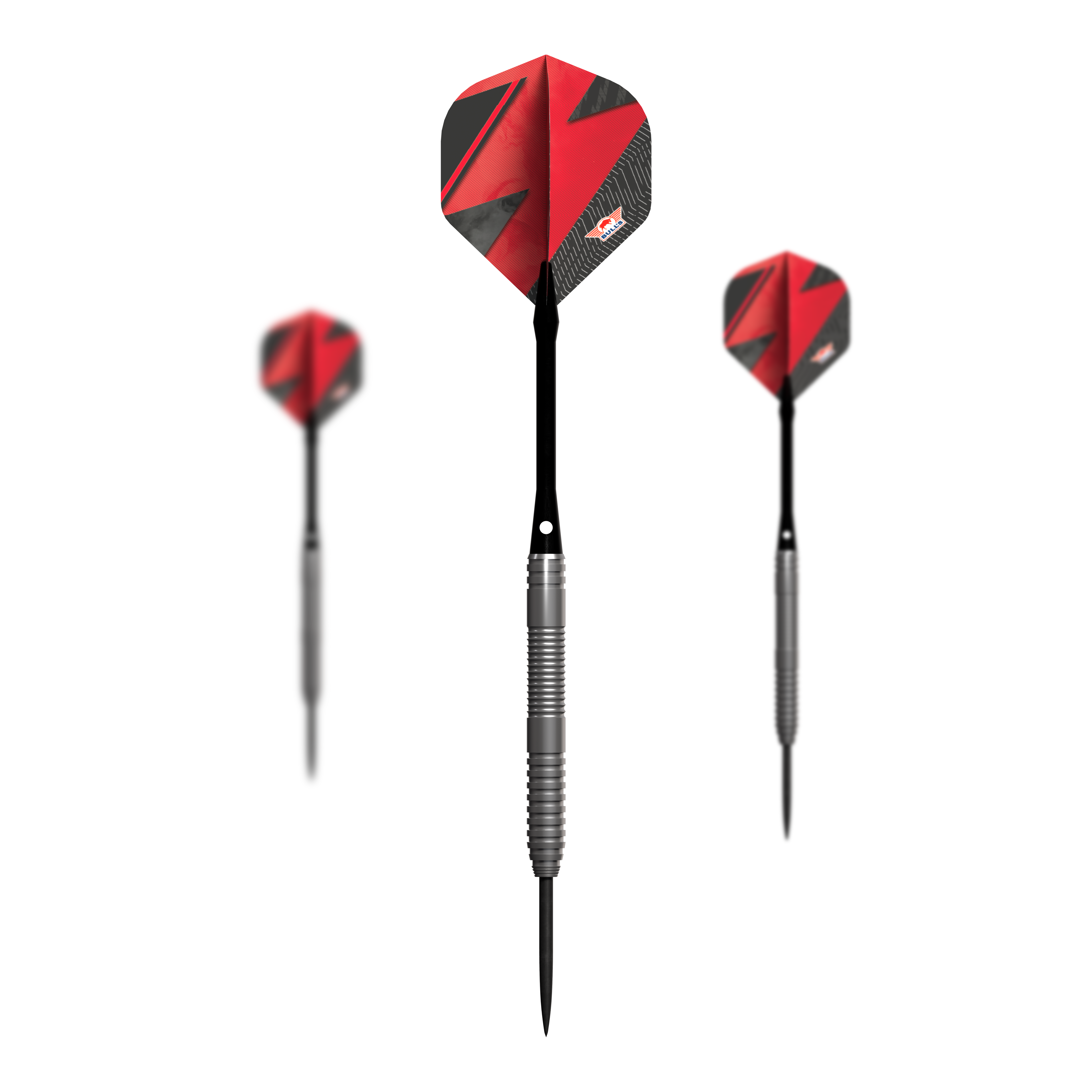 Bulls NL Lightning Red steel darts Das Bild zeigt drei Steeldarts mit silbernen Griffen und roten Flights. Es handelt sich um das Produkt "Bulls NL Lightning Red Steeldarts".