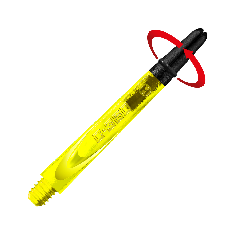 HR451_Harrows_Carbon_360_Shafts_Gelb_49mm_2_Symbol Das Bild zeigt einen gelben Dartshaft mit der Aufschrift "C-360". Oben ist ein schwarzer Teil mit einem roten Pfeil zu sehen, der auf eine Drehbewegung hinweist.