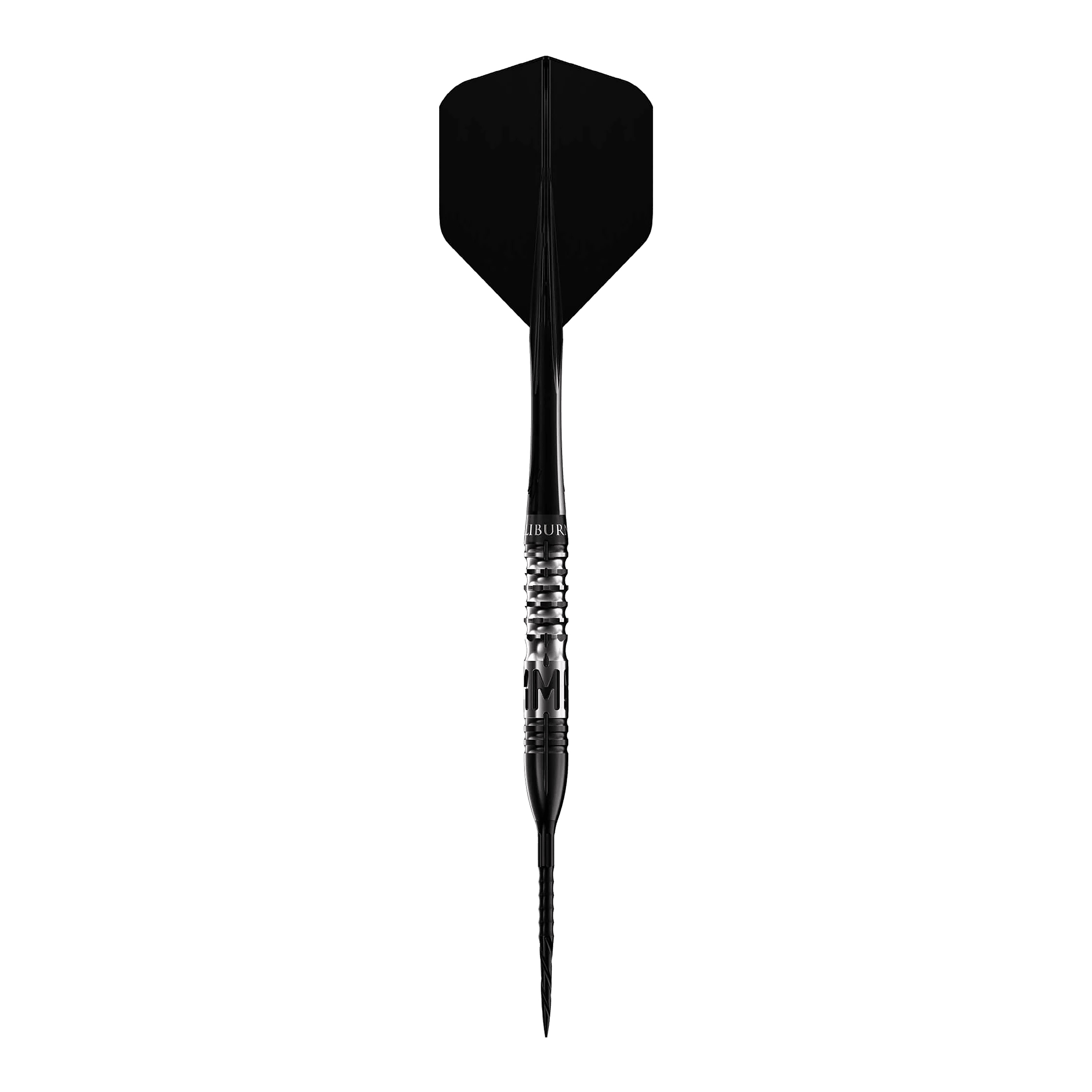 Caliburn Player MAK steel darts Das Bild zeigt einen Steeldart mit schwarzer Spitze und schwarzer Flugfahne. Es handelt sich um das Produkt "Caliburn Player MAK Steeldarts - 23,5g".