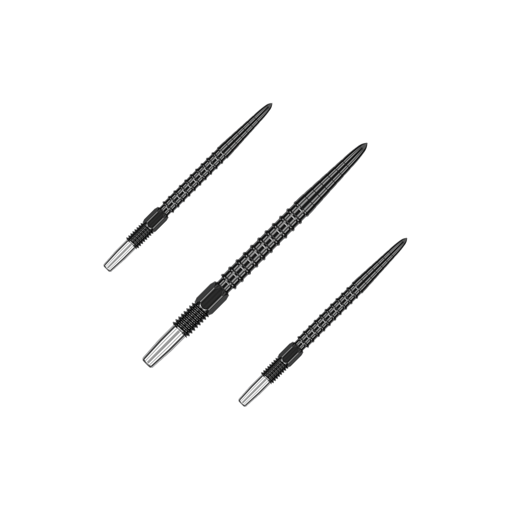 Target Swiss Point Chrono Dart Tips - Black Das Bild zeigt drei schwarze Dartspitzen mit einem geriffelten Design. Sie sind länglich und haben ein silbernes Schraubgewinde am unteren Ende.