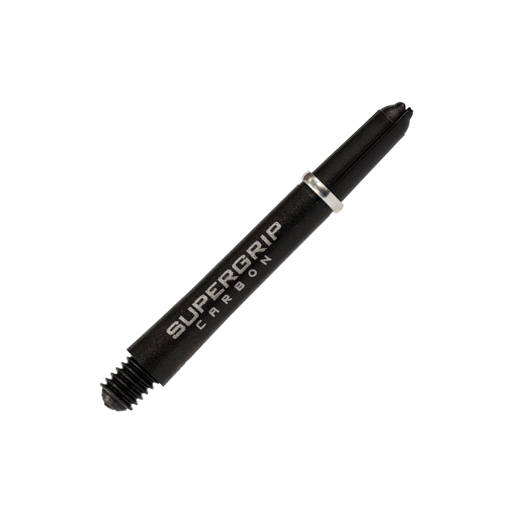 HR355_Harrows_Supergrip_Carbon_Shafts_Silber_40mm_2 Das Bild zeigt einen Harrows Supergrip Carbon Shaft in Silber. Der Schaft ist schwarz mit silbernem Ring und weißer Aufschrift.