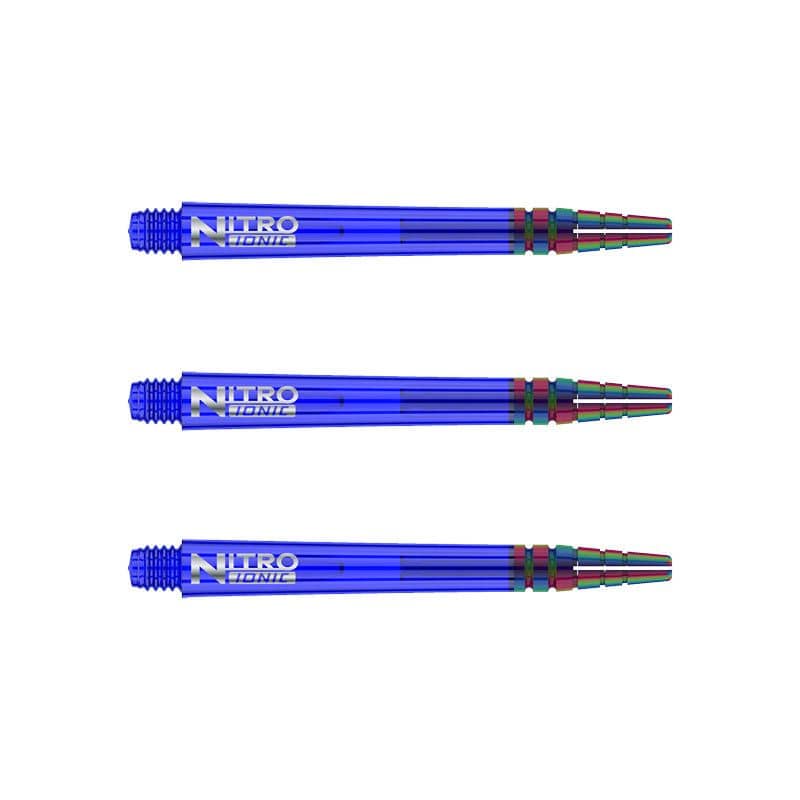 C606_Nitro_Ionic_Medium_Blue_Shafts Auf dem Bild sind drei blaue RedDragon Nitrotech Ionic Shafts zu sehen. Sie sind nebeneinander angeordnet und haben ein glänzendes, metallisches Aussehen.