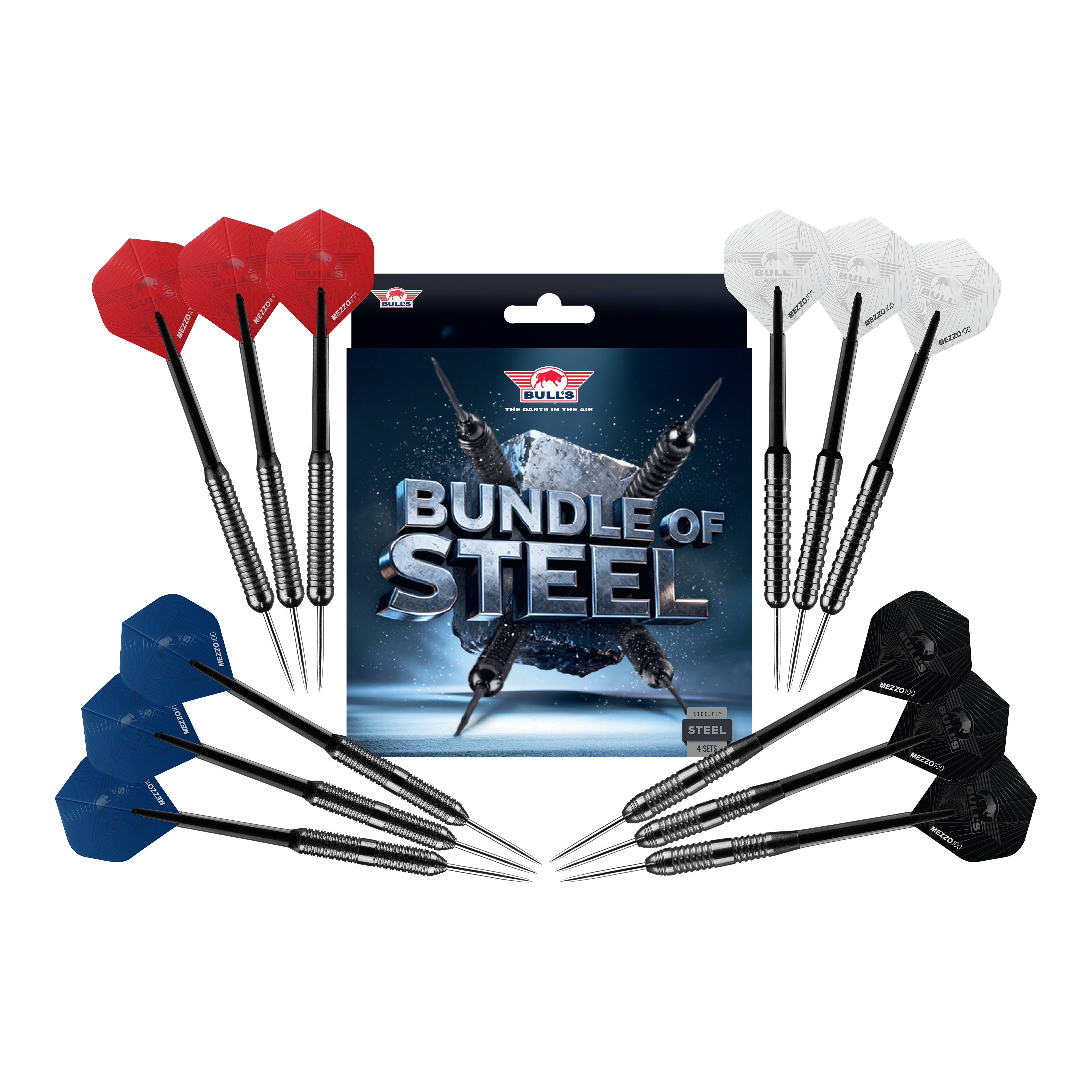 Zu sehen sind die Bulls NL Bundle Of Steel - 4 Sets Brass Steeldarts. Das Produkt bietet vier Sets Messing-Steeldarts für Dartspieler.