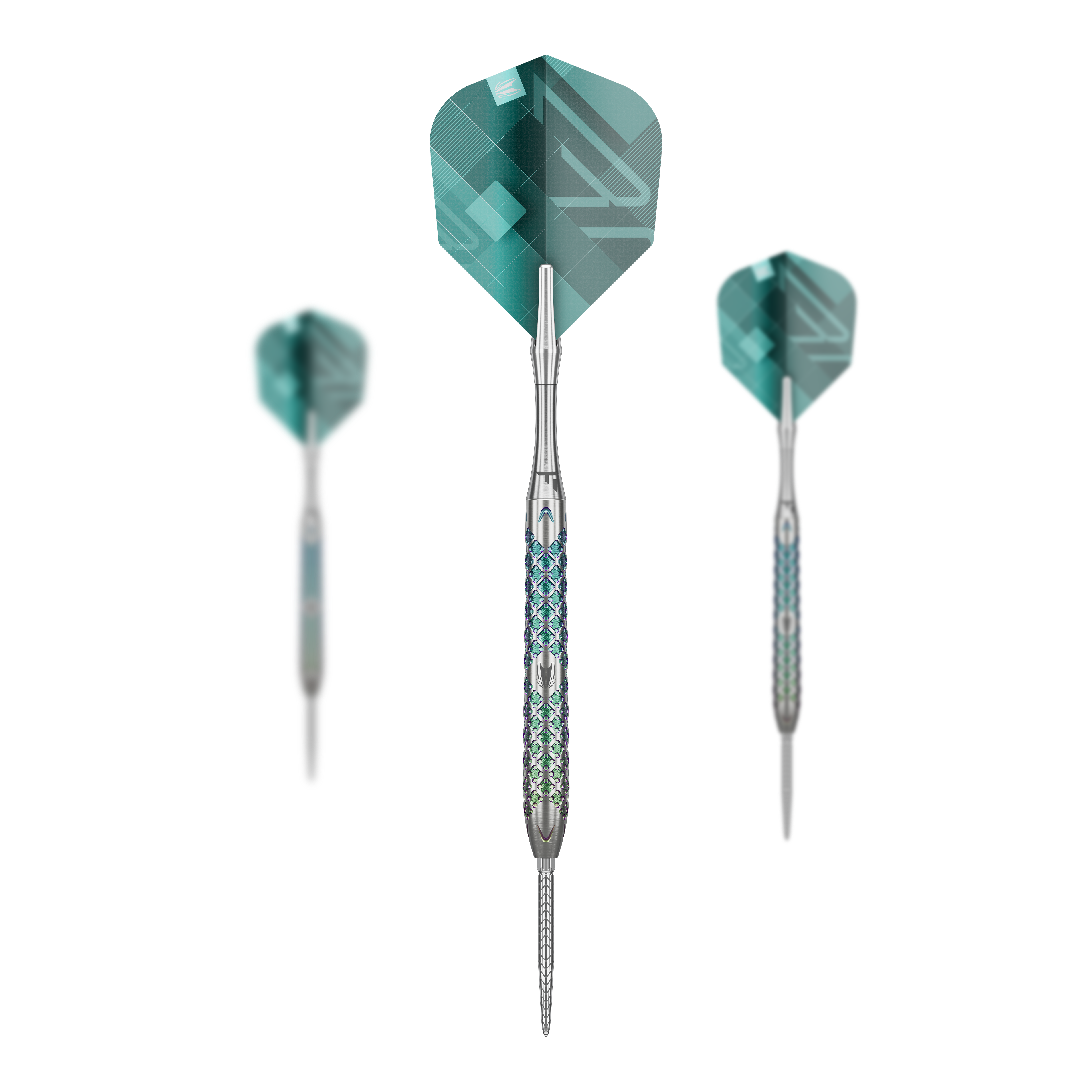 Target Rove 03 Swiss Point steel darts Das Bild zeigt drei Target Rove 03 Swiss Point Steeldarts mit silbernem Schaft und blauen Akzenten. Die Flights sind grün-blau gemustert und die Darts stehen vor einem schwarzen Hintergrund.