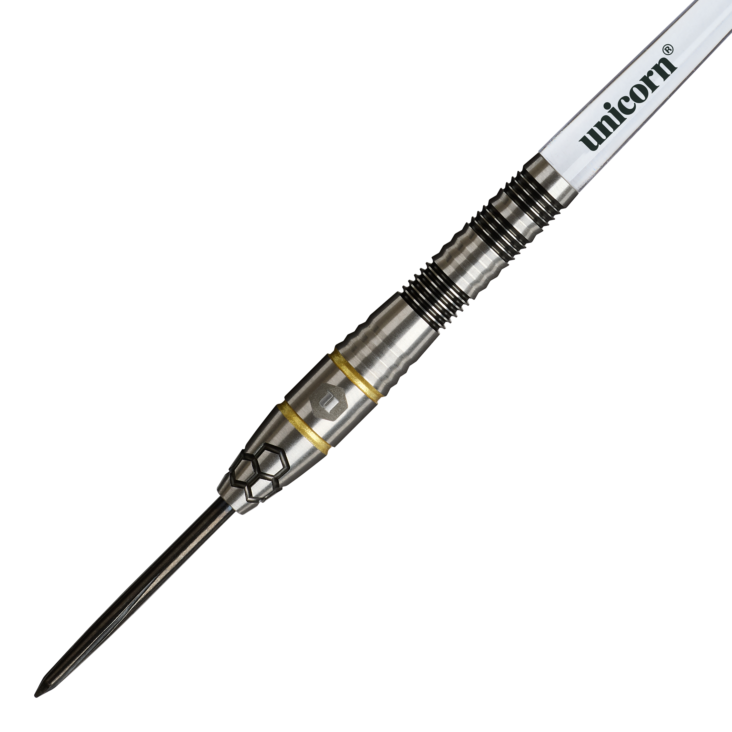 Auf diesem Foto sind die Unicorn Hexium Style 01 Black & Gold Steeldarts zu sehen. Die Darts heben sich durch ihr elegantes Design in Schwarz und Gold hervor.