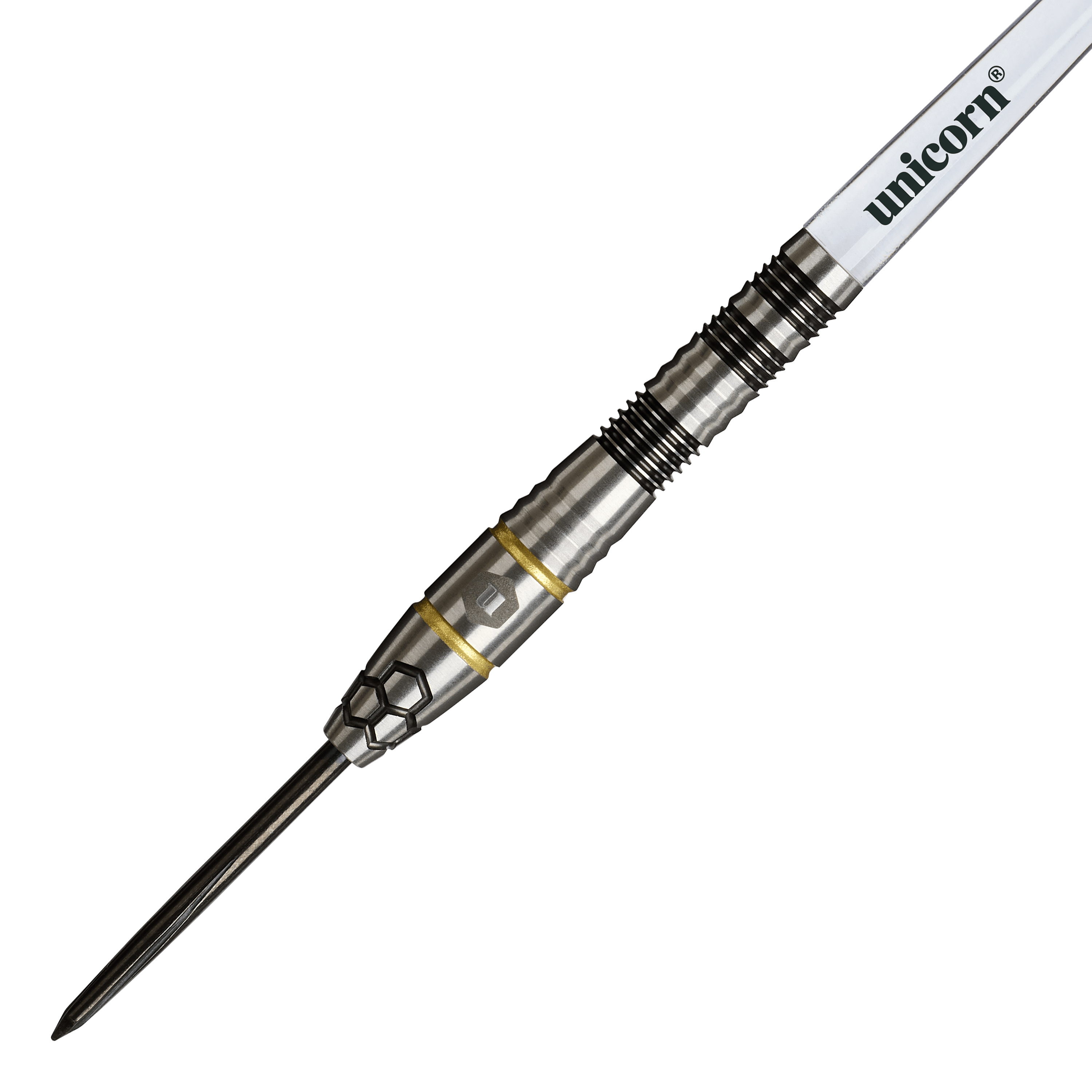 Unicorn Hexium Style 01 Black & Gold Steeldarts Auf diesem Foto sind die Unicorn Hexium Style 01 Black & Gold Steeldarts zu sehen. Die Darts heben sich durch ihr elegantes Design in Schwarz und Gold hervor.