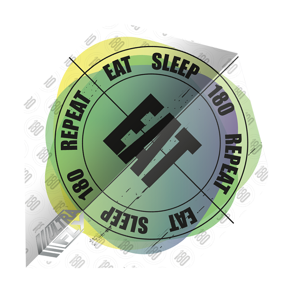 Das Bild zeigt einen Dartflight mit dem Text "EAT SLEEP 180 REPEAT" in einem kreisförmigen Design. In der Mitte steht das Wort "EAT" in großen Buchstaben.