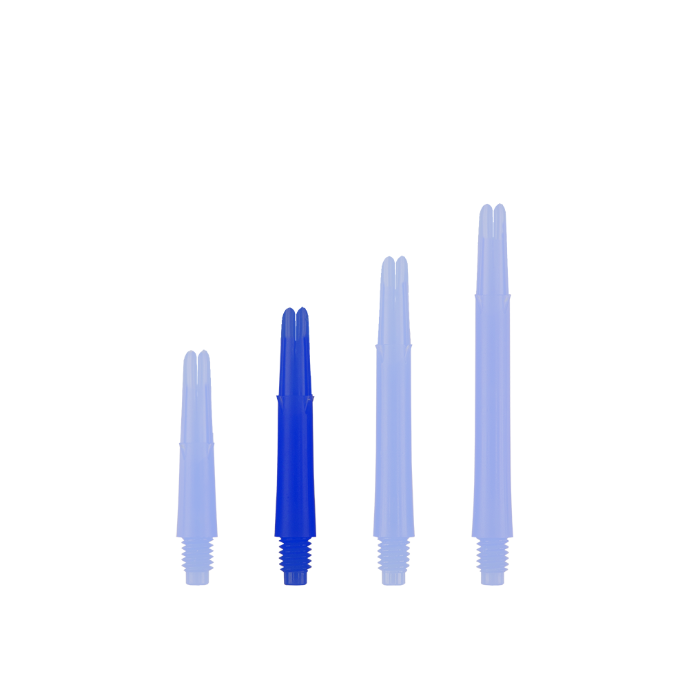 L-L-Style-Shafts Locked Straight - Blue Auf dem Bild sind vier blaue Dartschäfte in unterschiedlichen Längen zu sehen. Sie stehen nebeneinander aufrecht vor weißem Hintergrund.