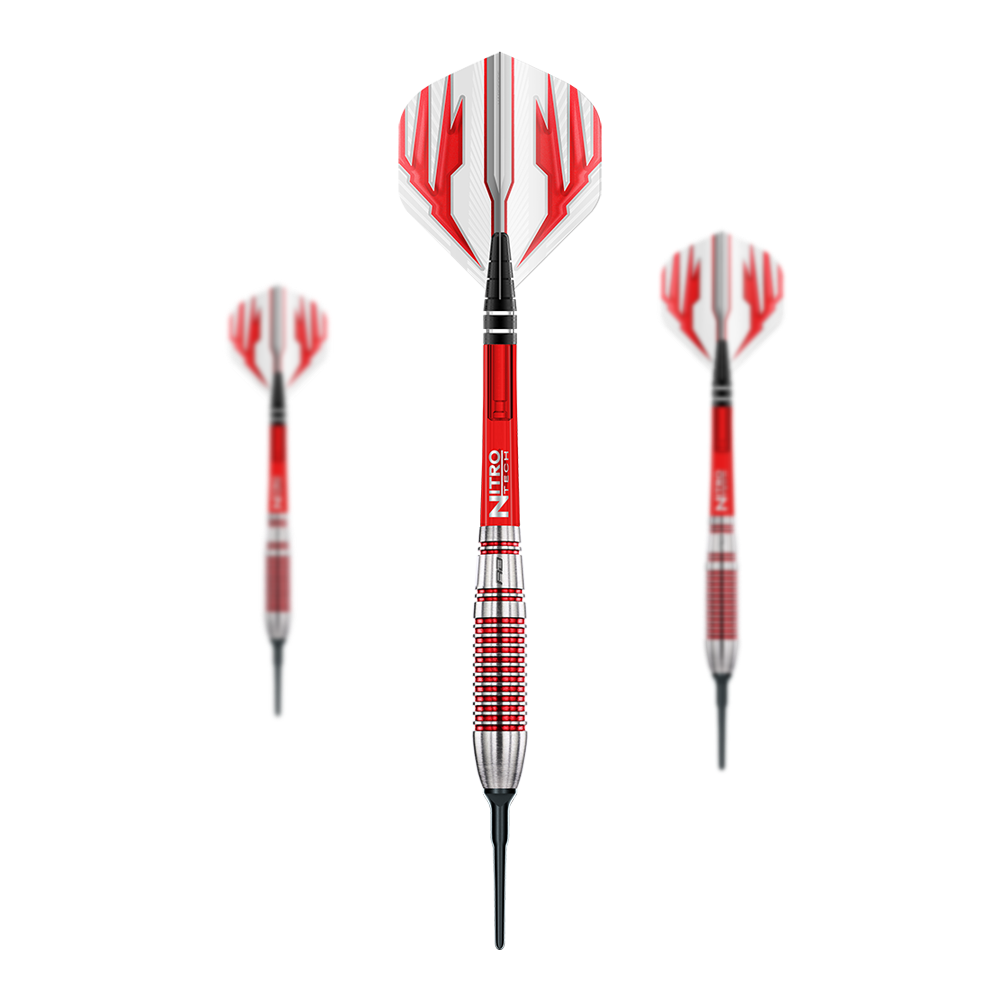 Red Dragon Reflex soft darts - 22 g Das Bild zeigt drei Red Dragon Reflex Softdarts mit einem Gewicht von 22 g. Die Darts haben rote und silberne Griffe sowie weiße Flights mit roten Mustern.